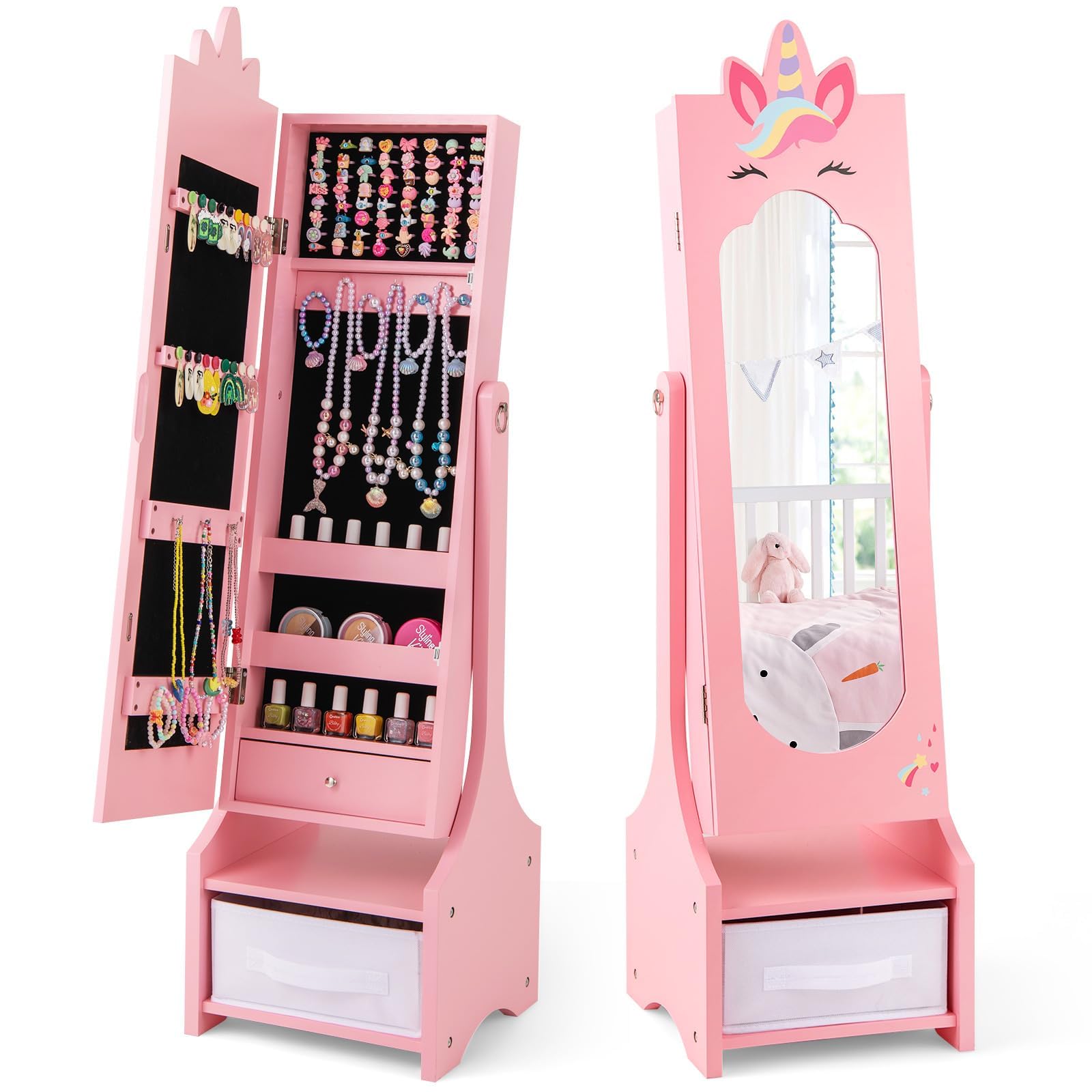 FANTASK FANTASK Armario para joyas infantil 2 en 1 con espejo inclinable, con espejo de cuerpo entero, cajón y cesta de almacenamiento, soporte para joyas, espejo de maquillaje, unicornio, 31,5 x 30 x 115 cm