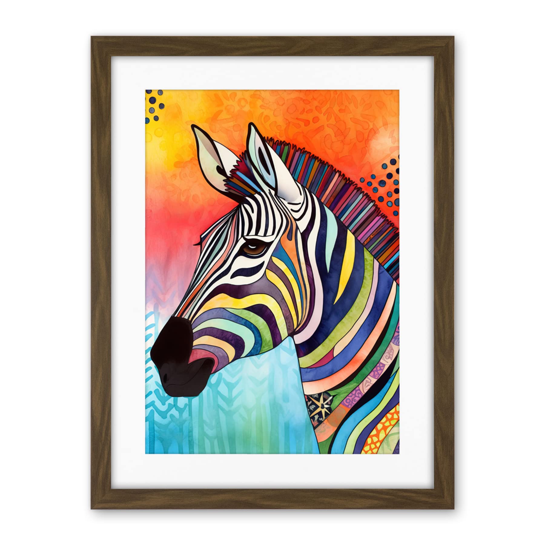 Artery8 Zebra Folk Art Bright Multicoloured Artwork Framed Wall Art Print 18X24 Inch