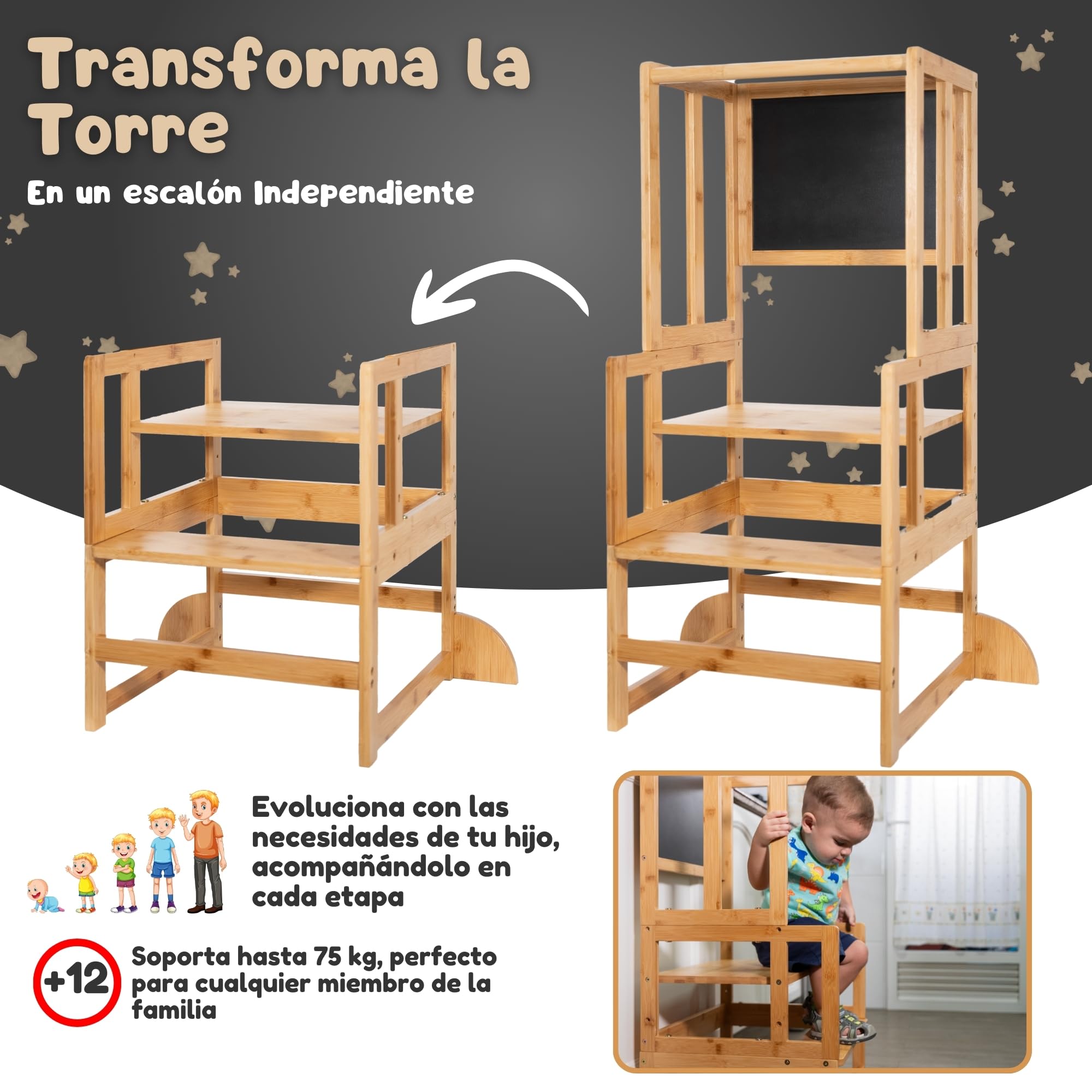Torre de Aprendizaje Montessori de Bambú Antivuelco, Taburete Infantil y Juguetes