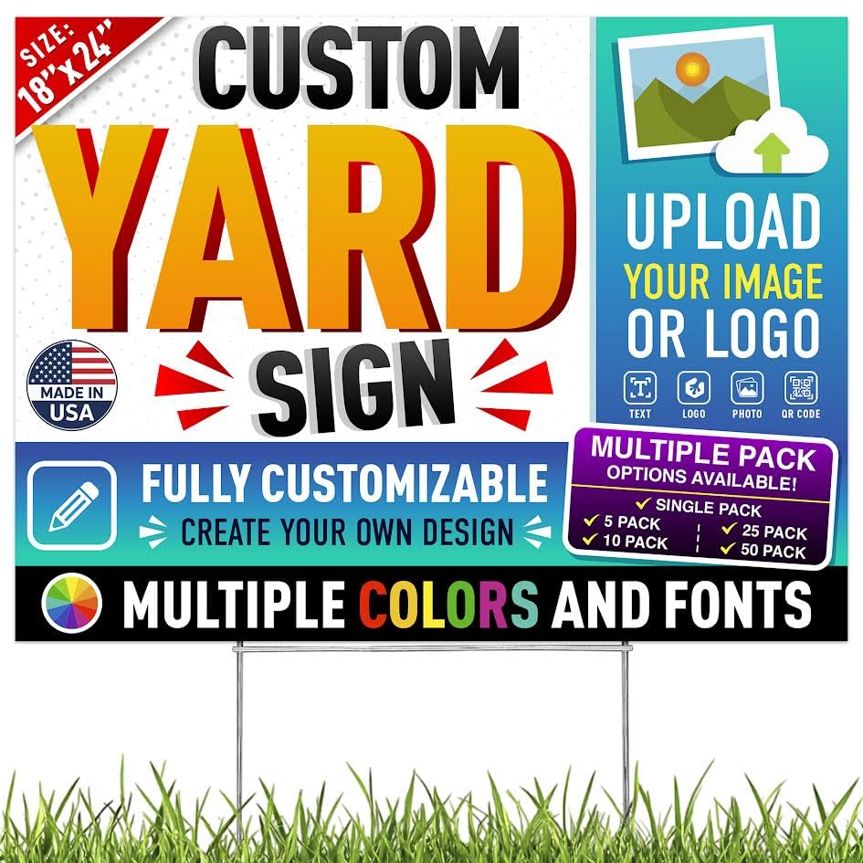 Custom Yard Sign 24x18 with Metal H Stakes Customized Full Color Print Yard Signs For Business Garage or Yard Sale Home Office Outdoor Double Sided Corrugated Plastic Made in USA by Sigo Signs