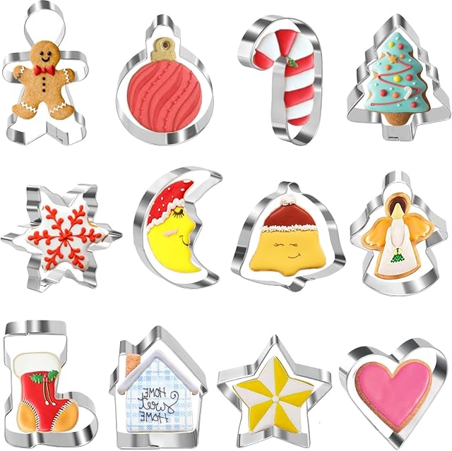 Keepaty Mini Christmas Cookie Cutters Set of 12 Pieces Small Christmas Xmas Biscuit Cutters Star Tree Angel Bell Stocking Heart & More Shapes Stainless Steel for Holiday Baking
