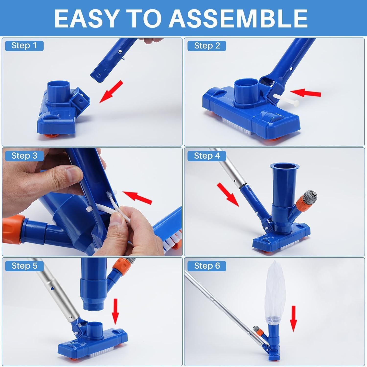 Aspirador de Piscina, Aspiradora de Fondo de Piscina Portátil con 180cm mástil, Aspirador de Piscina Manual Pequeña con Cepillo y Bolsa de Malla para Bañera de Hidromasaje de Fuente SPA Piscina