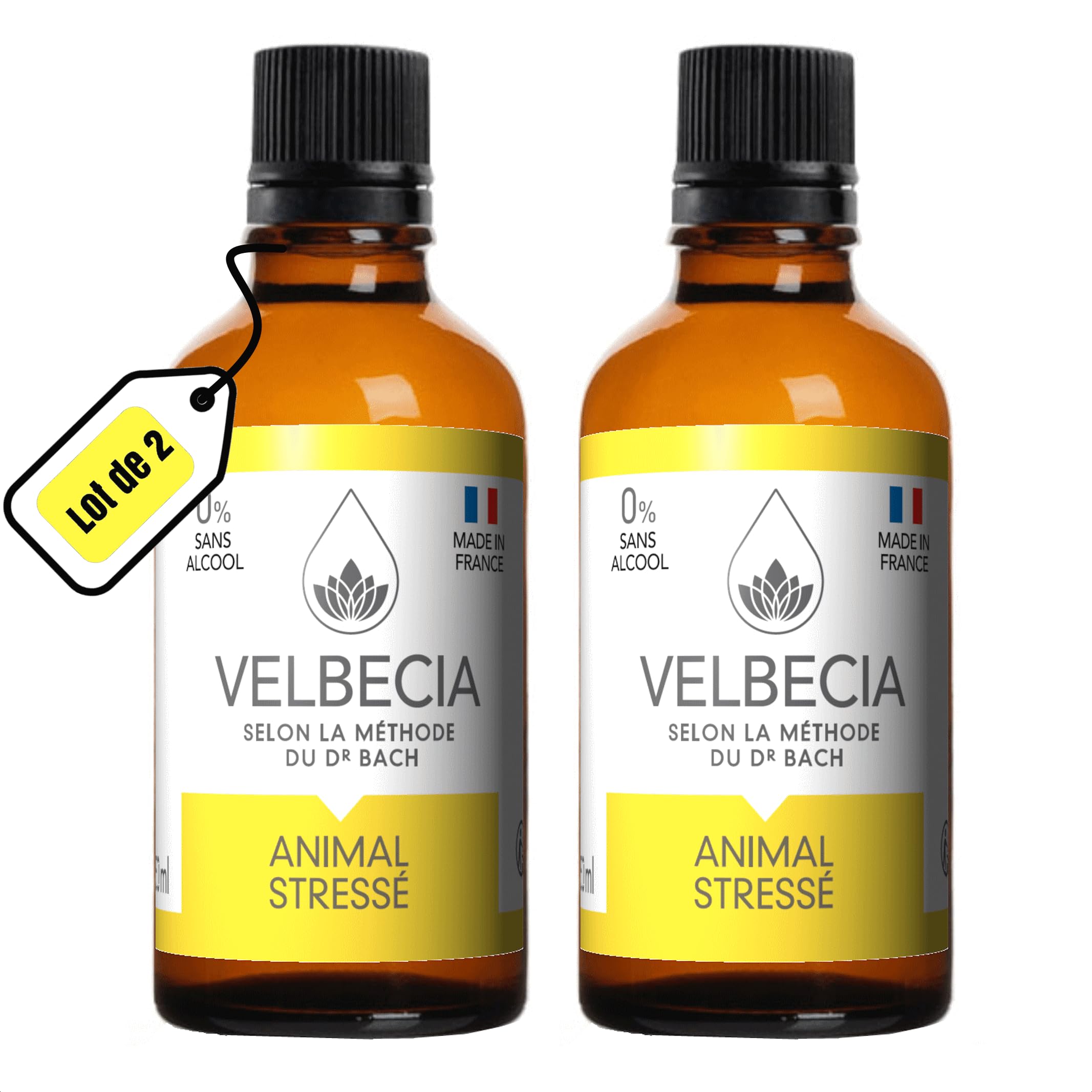 Velbecia Animal stressé 50ml +1 OFFERT Elixirs de fleurs SANS ALCOOL - Méthode du Dr Bach - Peur panique,comportement anxieux,angoisse,agitation,nervosité,chien,chat,cheval