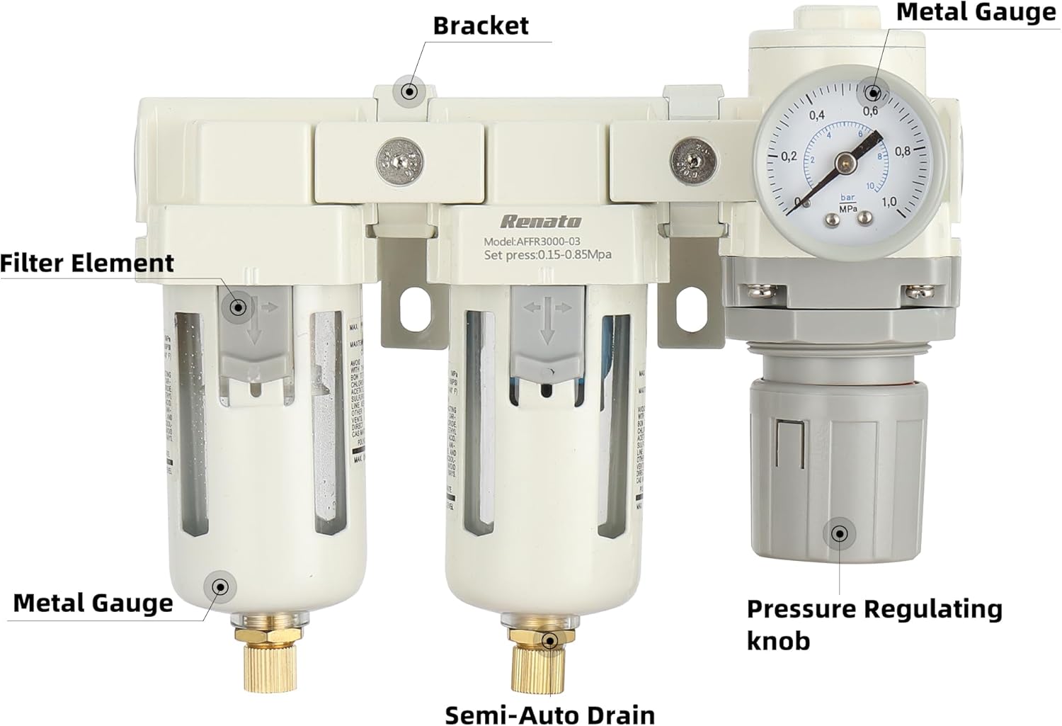3/8" NPT Three Stage Air Drying System - 5 Micron Particulate Filter Air Pressure Regulator Combo - 0-125psi Gauge, Semi-Auto Drain, Metal Bracket