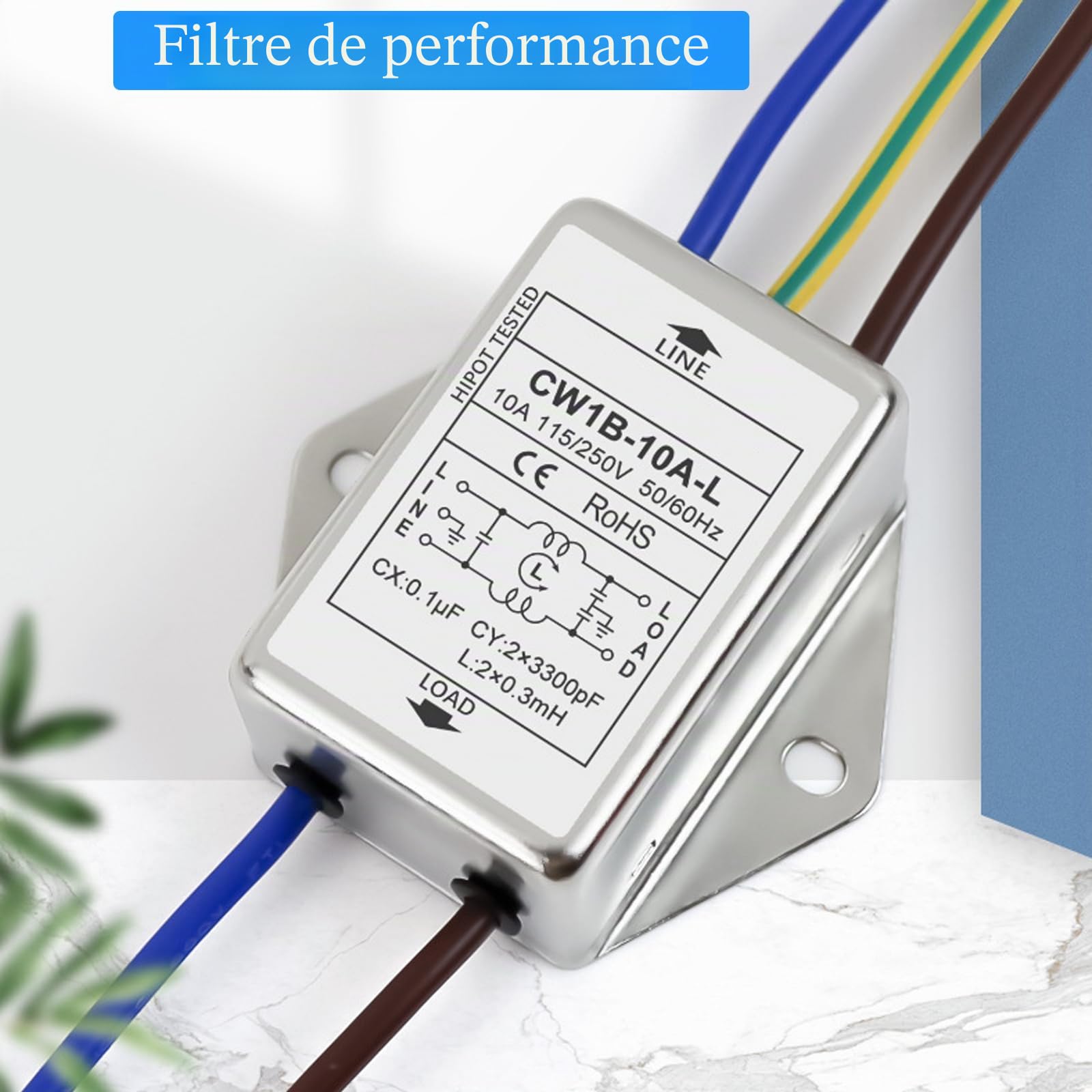 2 pièces de filtre EMI, CW1B-10A-L (040) filtre monophasé, 250 V filtres d'interférences électromagnétiques, pour la suppression des perturbations continues et intermittentes