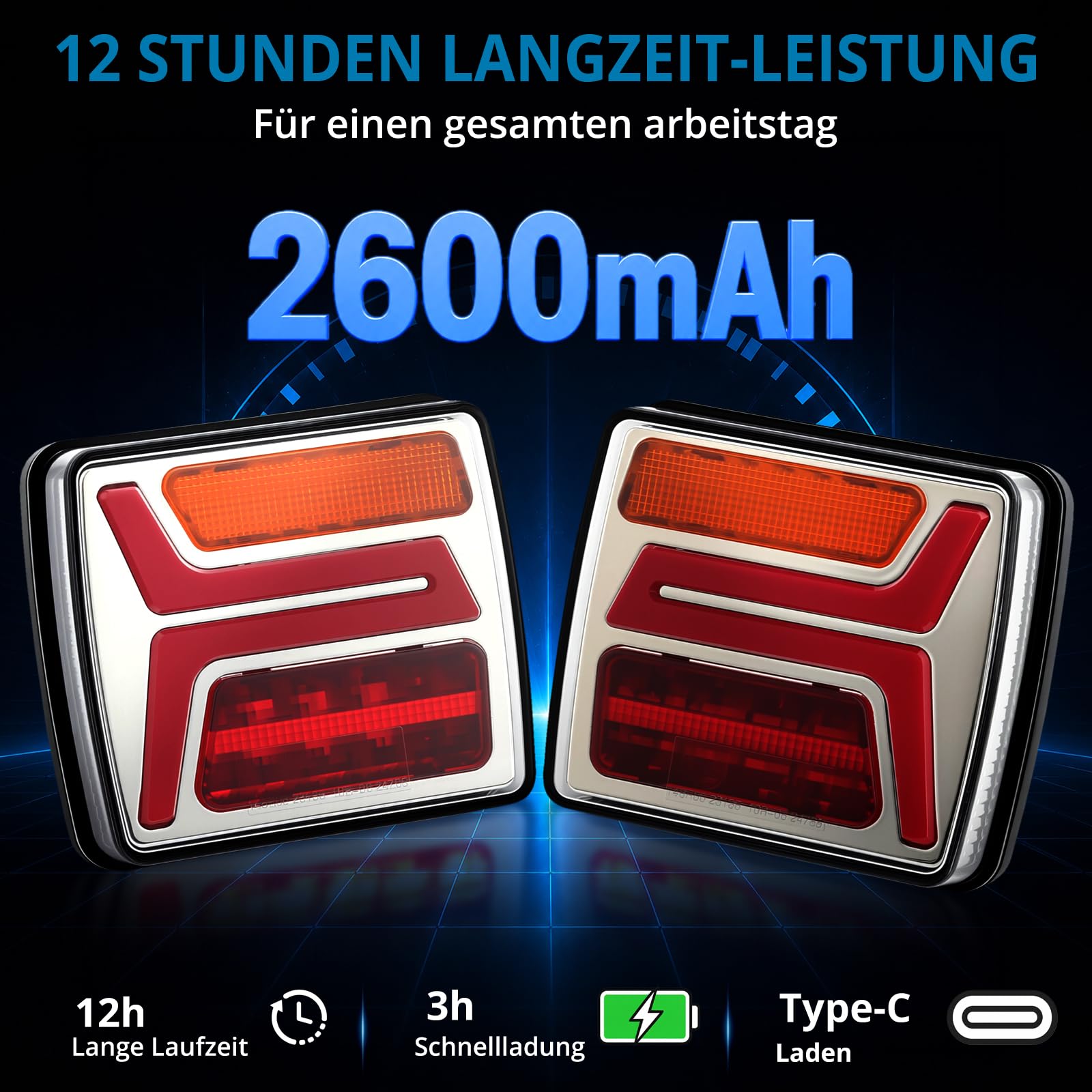 AUTOUTLET LED Rückleuchten Anhänger kabellos 100m Funkreichweite, 12V-24V Rücklichter mit 7 Pin Stecker & 5 Funktion inkl. Kennzeichenleuchte, IP67 Wasserdicht 12H-Akkulaufzeit, für LKW PKW Wohnwagen
