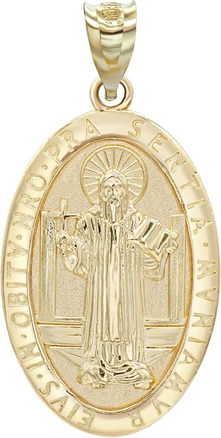 10K Yellow Gold Medalla De San Benito Saint St Benedict Oval Medal Pendant Necklace with Rolo Chain and Pendant only