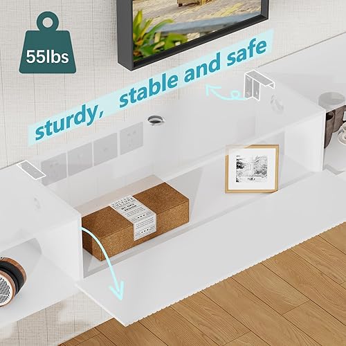 Miniatura 6 de Soporte de TV flotante de 55 pulgadas de ancho con luces LED, centro de entretenimiento montado en la pared con soporte de TV largo de