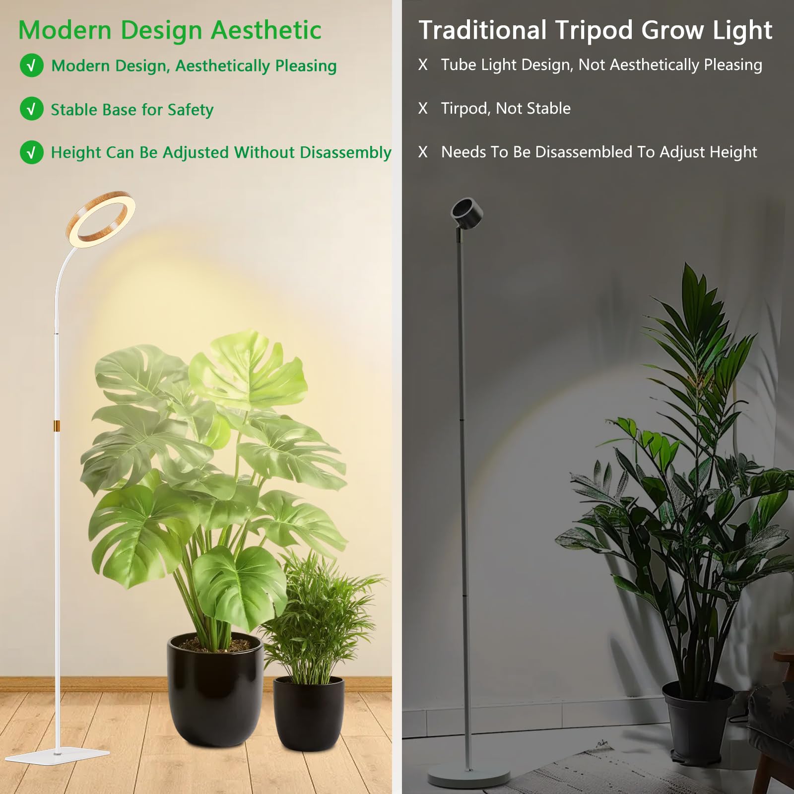 Lampada per piante da interno con supporto, lampada da terra per piante, timer 6/12/18 ore, altezza regolabile 42-170cm, per piante di grandi dimensioni e arredamento (1 testa, finitura finto legno)