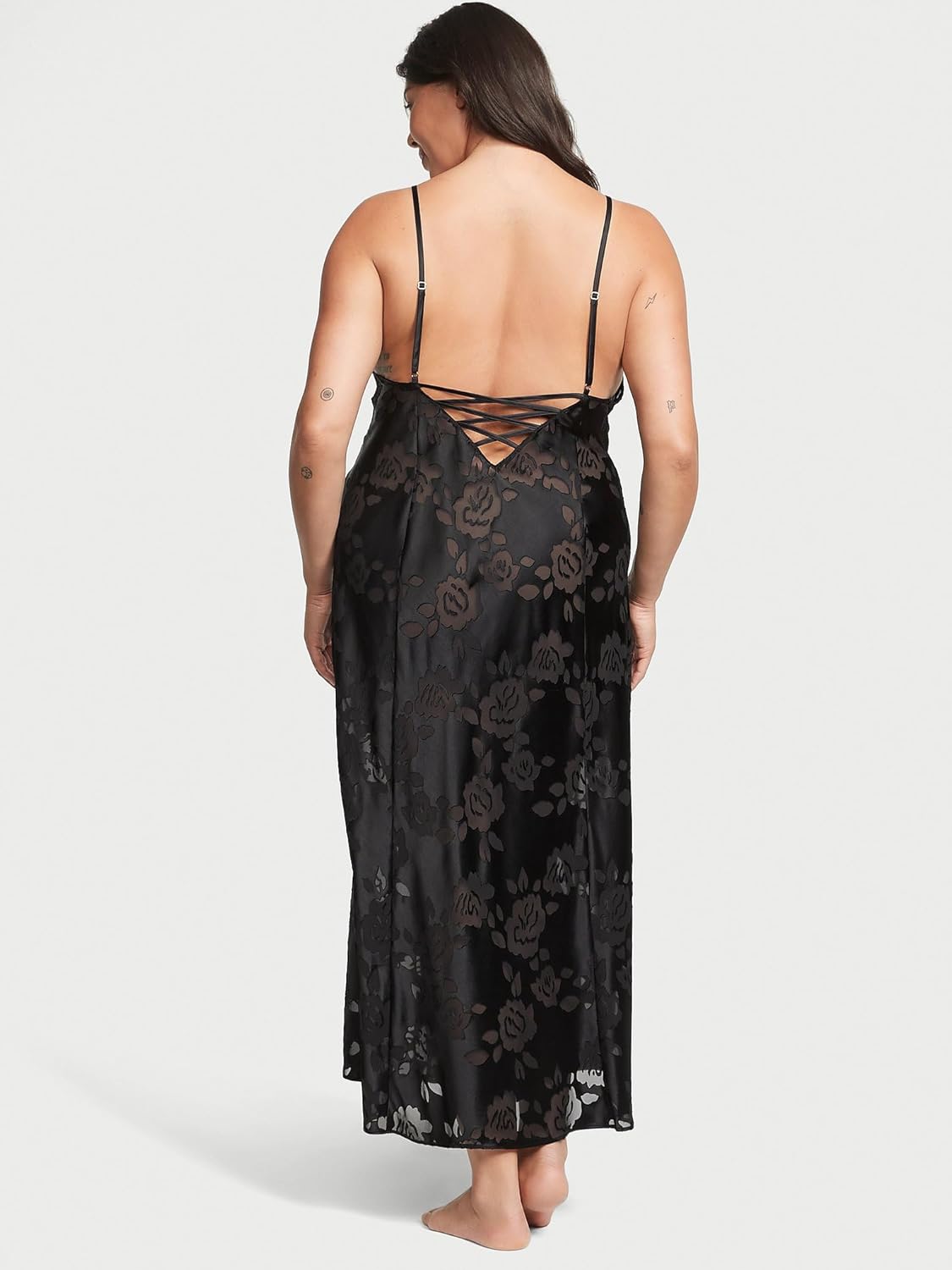 Victoria's Secret VS Archives Burnout Satin Slip, Women's Lingerie, Lace Up Detailing, Black (XL)