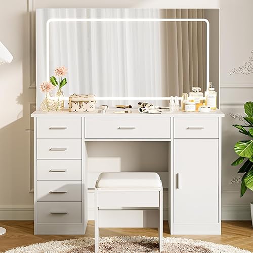 GAOMON Vanity with Chair and Mirror and 7 Drawers Storage, White Makeup Vanity Desk with Lights, Vanitys Set with 3 Light Mode and Brightness Adjusted, Make Up Table with Hairdryer Holder for Bedroom