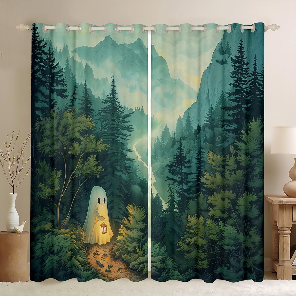 Castle Fairy Halloween Ghost Curtain for Bedroom,Green Plant Natural Rustic Farmhouse Blackout Window Curtain for Girls Boys,Cartoon Cute Ghost Print Window Treatment,Microfiber Durable, 52Wx90L inch