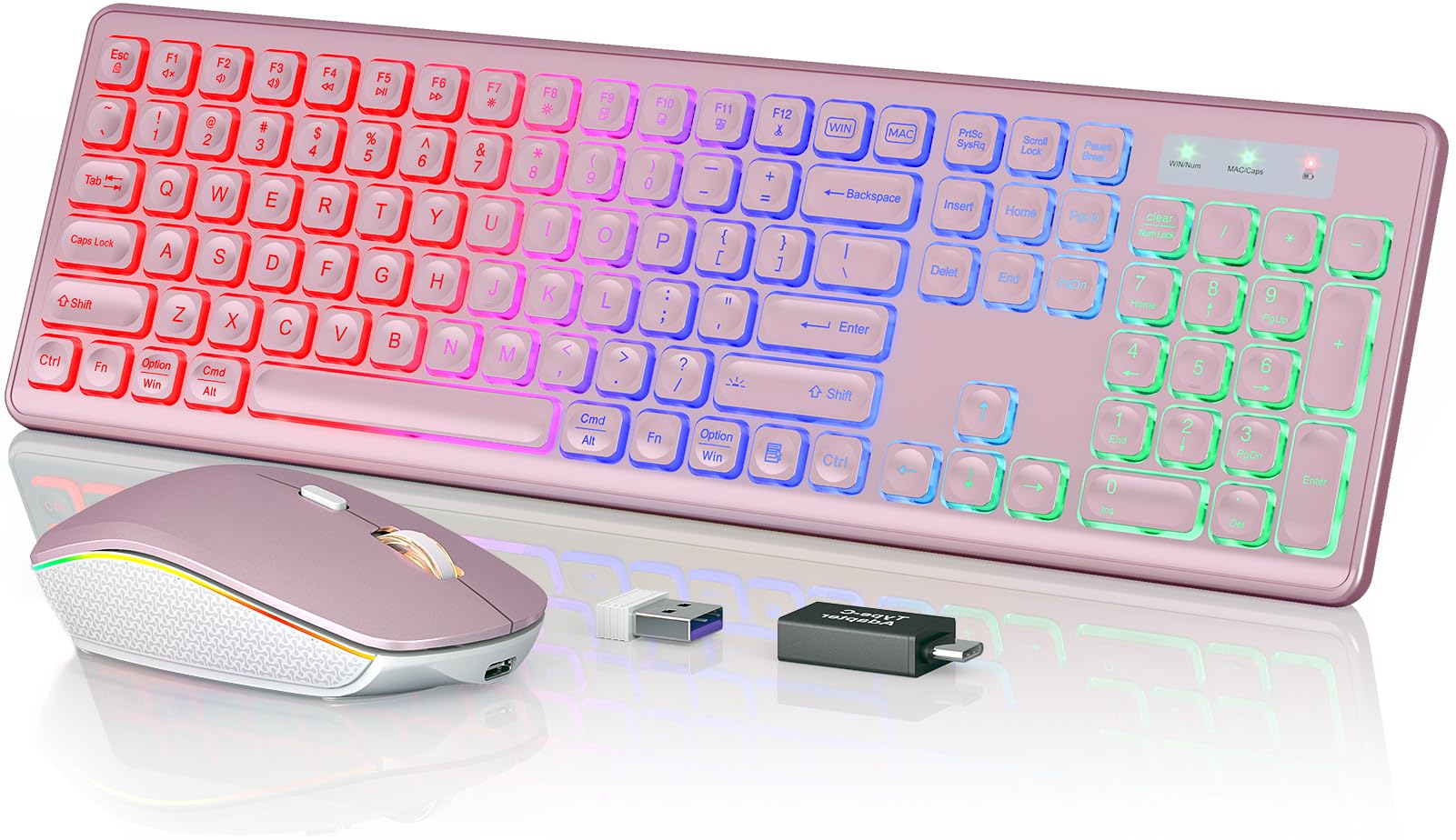 Wireless Keyboard and Mouse Combo - RGB Backlit, Rechargeable & Light Up Letters, Full-Size, Ergonomic Tilt Angle, Sleep Mode, 2.4GHz Quiet Keyboard Mouse for Mac, Windows, Laptop, PC, Trueque, Rose