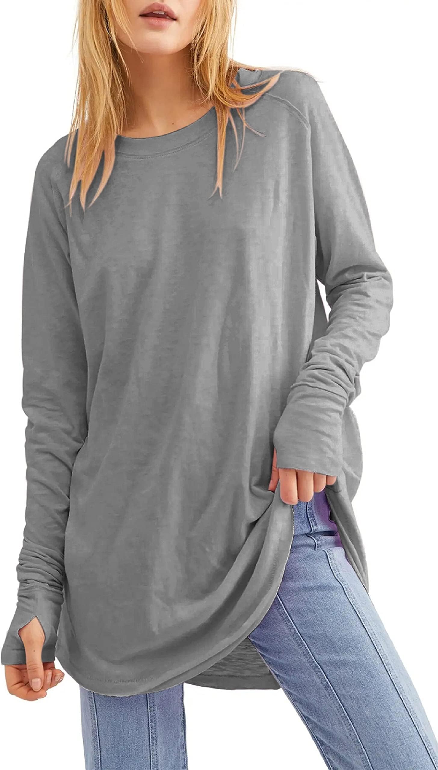 Sponsored Ad – Long Sleeve Tops Womens Long Jumpers Crewneck Tunic Tops Loose Fit Sweatshirts with Thumb Holes.
