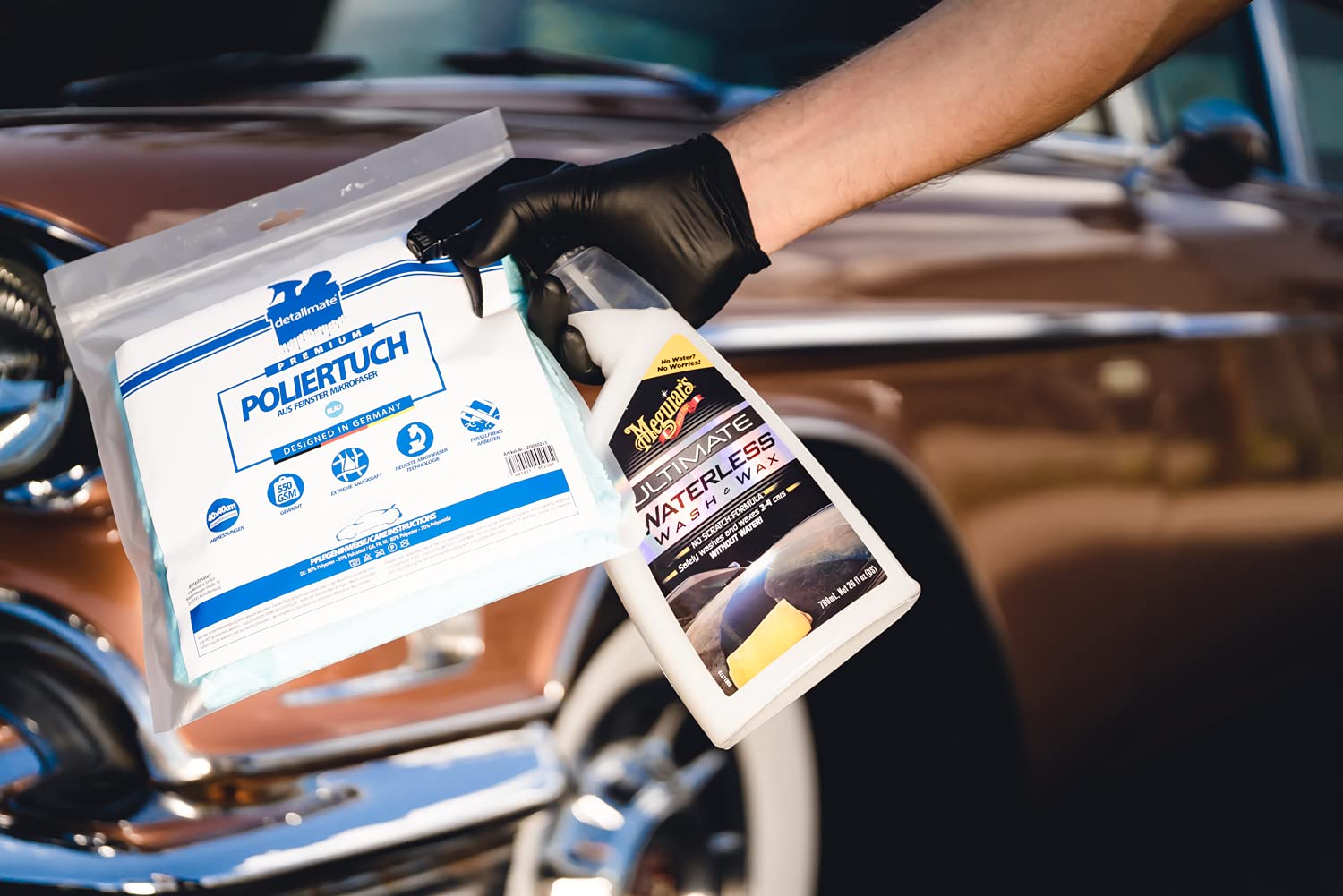 detailmate Kit de lavage sec pour voiture | 1 x Meguiar's Ultimate Wash & Wax + 1 x chiffon de polissage en microfibre 40 x 40 cm 550 g/m² | Lavage de voiture sans eau