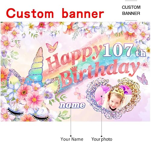 Vista 43 de Cartel personalizado de decoración de cumpleaños número 107 con temática de castillo y princesa, pancarta de tela personalizada para suministros