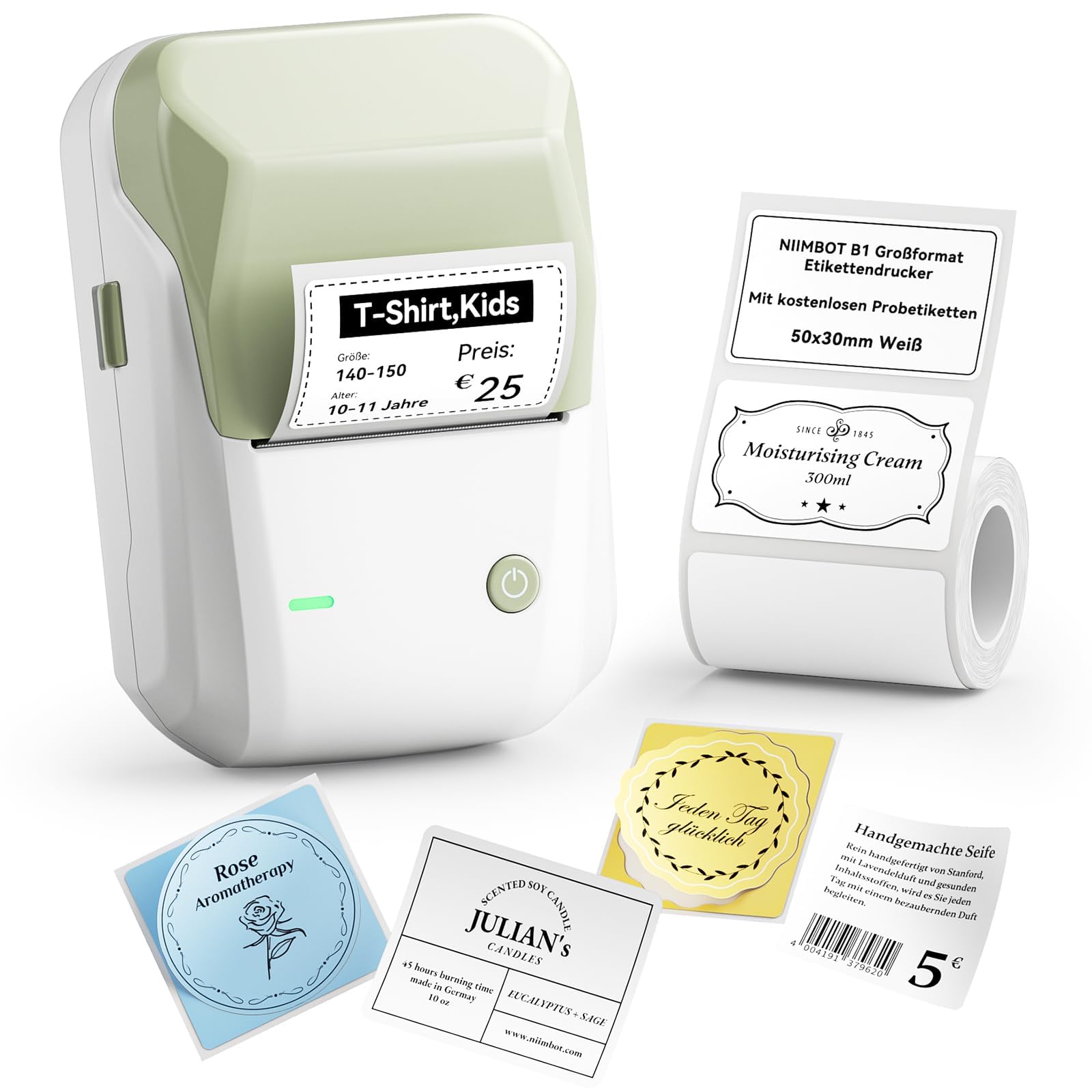 NIIMBOT B1 Etikettendrucker mit Wasserfeste Etiketten Selbstklebend, Tragbarer Beschriftungsgerät Bluetooth Label Printer Aufkleber Drucker für Schulbedarf, Barcode, Logo, Adresse, Grün