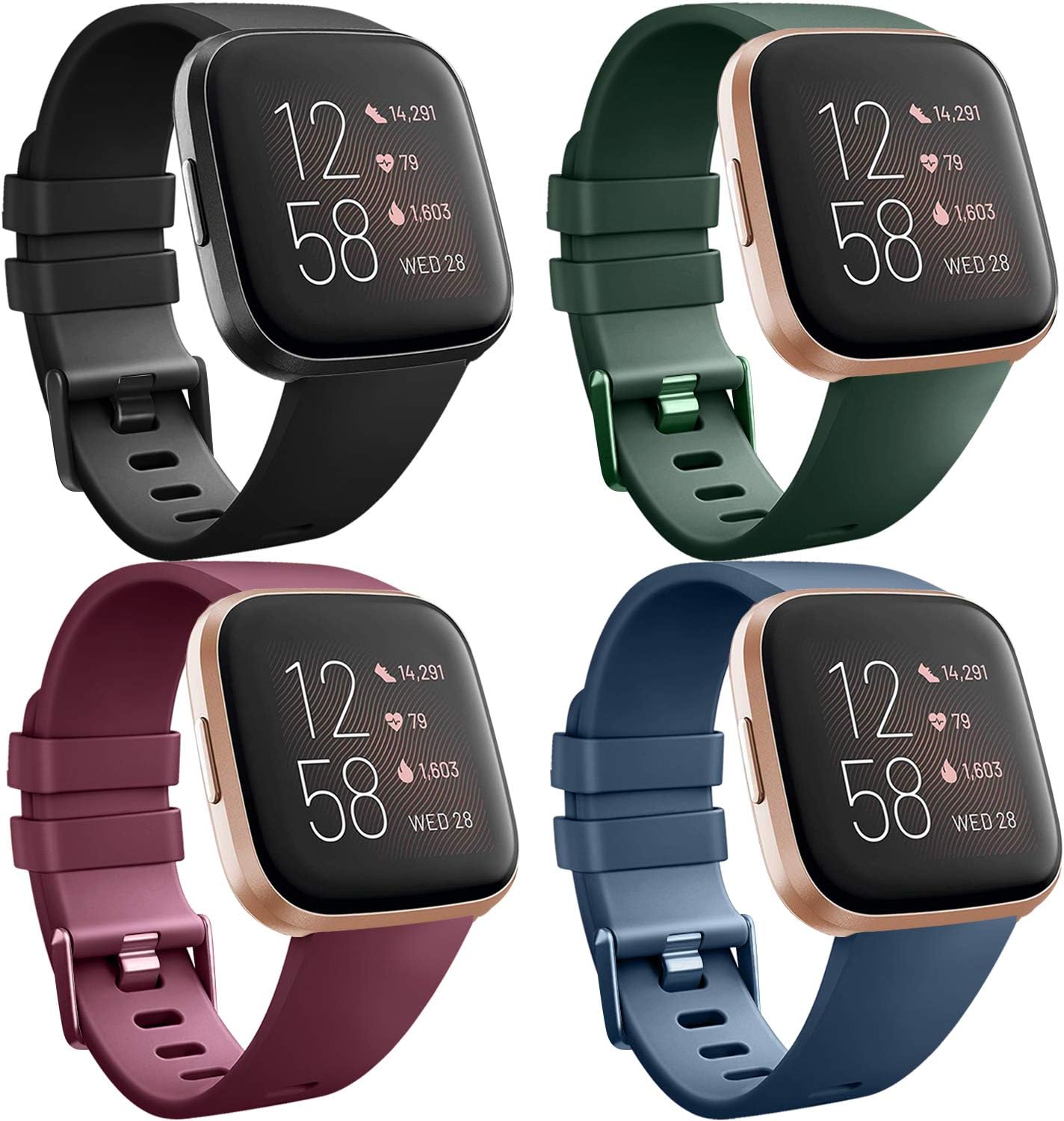 [4 Pack] Straps compatible with Fitbit Versa 2, Fitbit Versa, Versa Lite/SE, Classic Silicone Adjustable Replacement Accessories for Women/Men, Small/Large