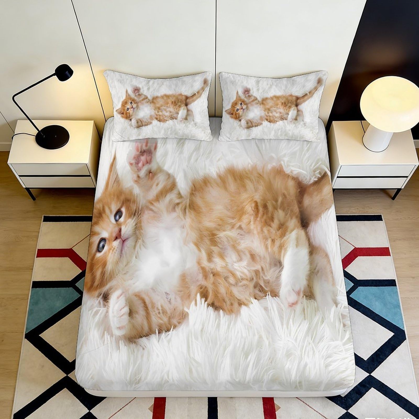 3D Printed Ginger Cat Fitted Sheet Microfiber Soft Bedroom Decor Fluffy Kitten Mattress Cover for Home Dorm 120x200x25cm