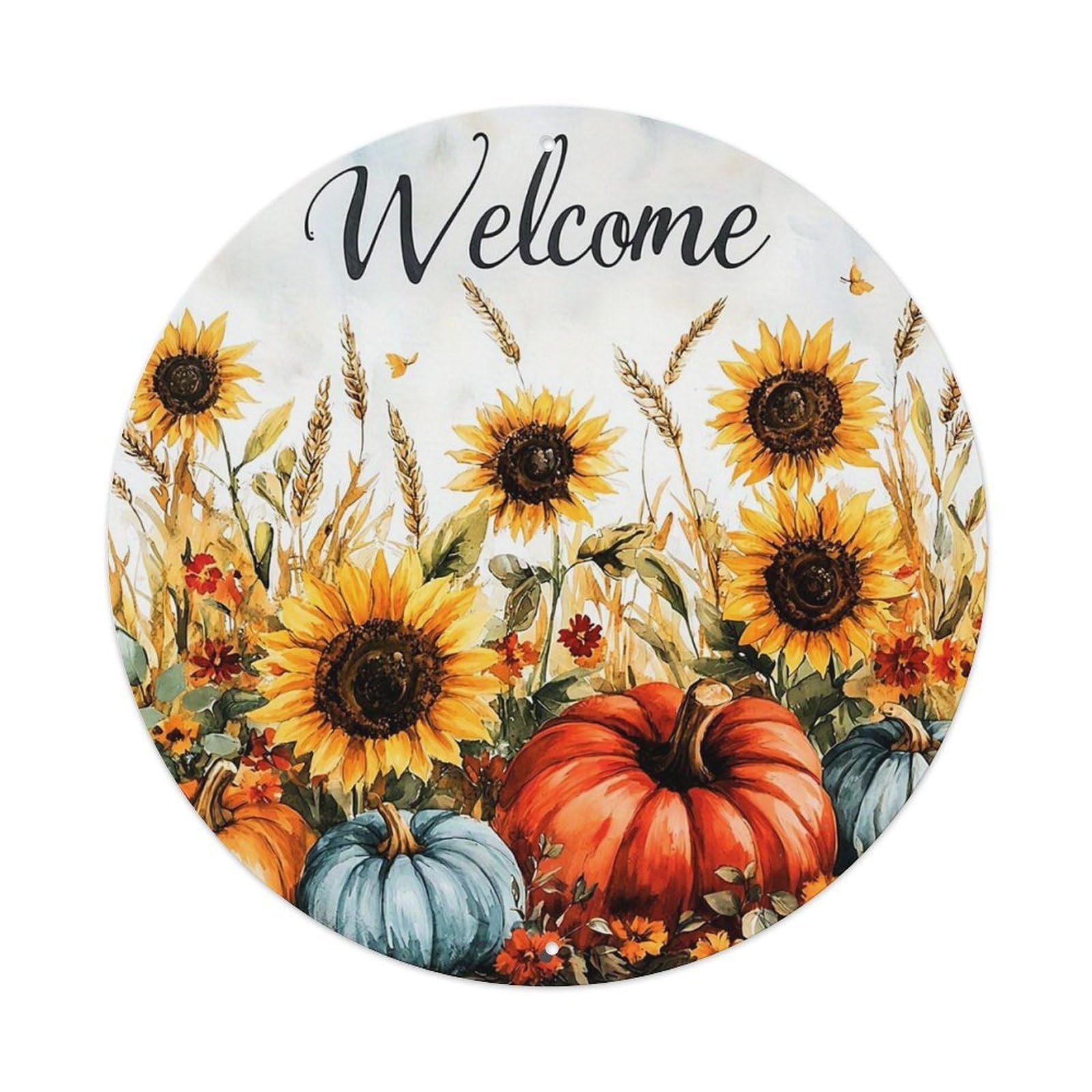 Jdyaojiesheng Vintage Sunflower Pumpkin Wheat Flower Autumn Round Tin Sign Retro Metal Wall Decor Metal Poster, Home Bar Garage Farmhouse Cafe Wall Art Decoration 8X8inch