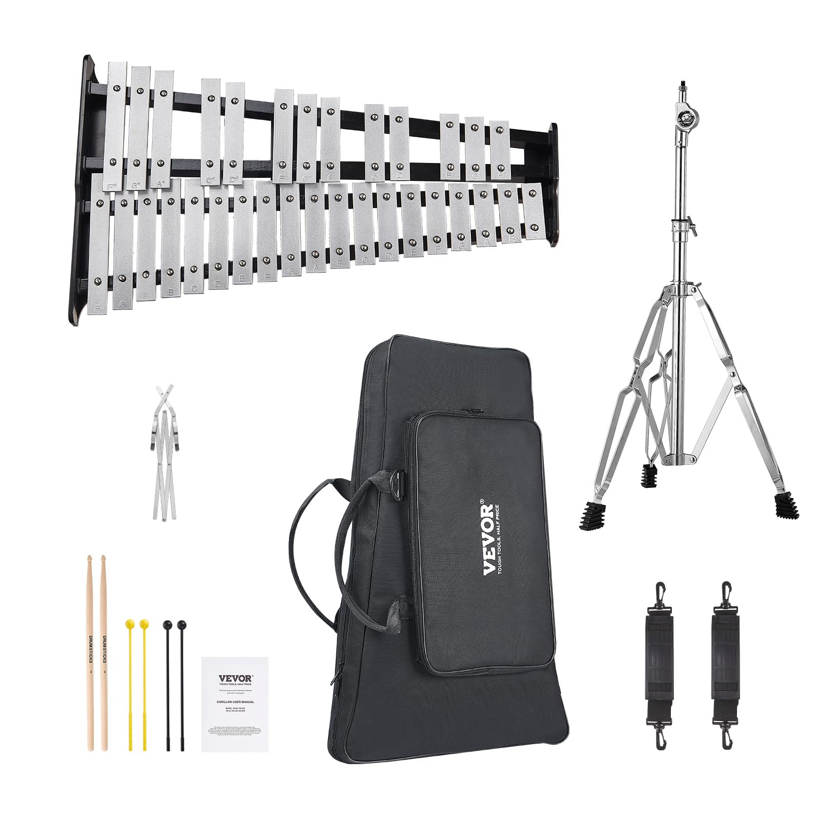 VEVOR Zestaw do ksylofonu Glockenspiel z 32 notatkami, profesjonalny instrument perkusyjny z młotkami, pałeczkami, regulowanym wspornikiem, torbą do przenoszenia, zestaw instrumentów edukacyjnych dla
