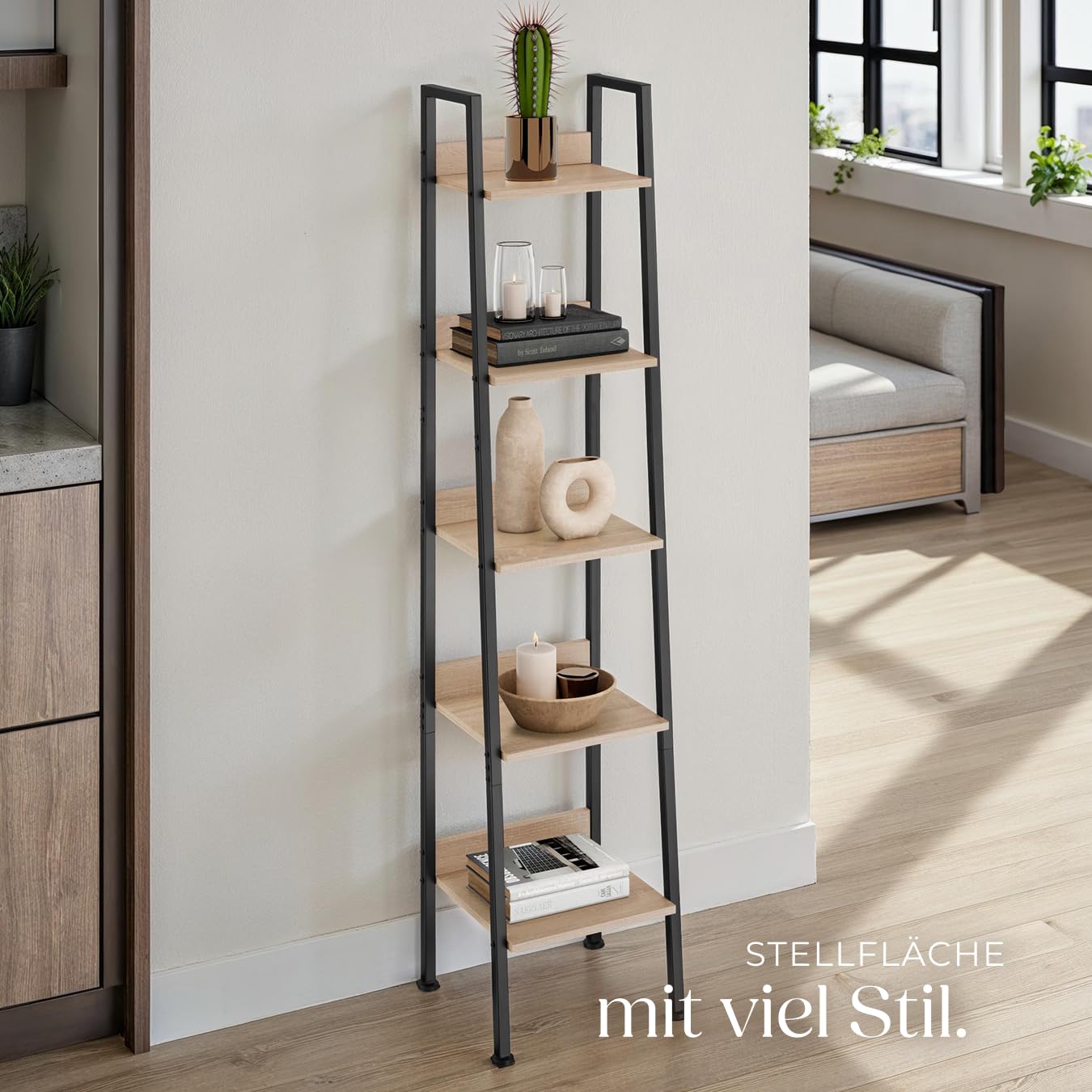 tectake® Leiterregal mit 4/5 Ebenen, schmales Regal, Standregal, Nischenregal, Möbel für Arbeitszimmer, Badezimmer Regal, Bücherregal Wand, 35,5 x 31,5 x 170,5 cm - Industrial Holz hell, Eiche Sonoma