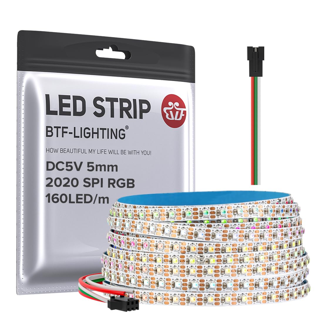BTF-LIGHTING SMD2020 RGB IC Adressable Individuellement Bande LED DC5V 5M 160LEDs/m 5mm de largeur Ruban LED Flexible Couleur de Rêve Fine Corde IP30 Non-étanche pour Décoration DIY (Bande uniquement)
