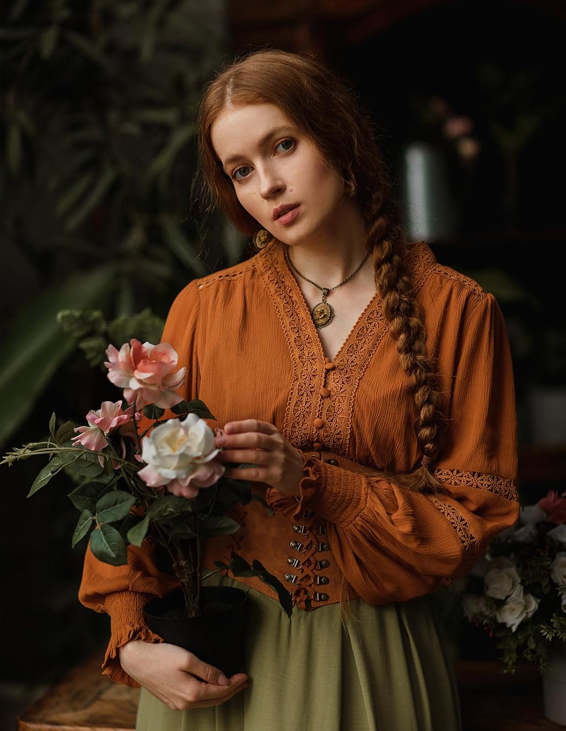 SCARLET DARKNESS Renaissance Shirt Women Boho Long Sleeve V Neck Smocked Peasant Tops - Image 3