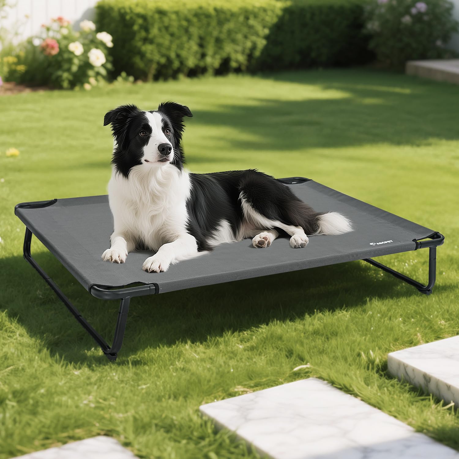 ABCPET Cooling Elevated Dog Bed, Raised Outdoor Dog Bed Waterproof Pet Beds Cots Stable and Easy Assembly, Teslin Fabric with 1.2mm Thick Iron Frame, Breathable, Ultra-Sturdy?Grey, 42”*28“*8”