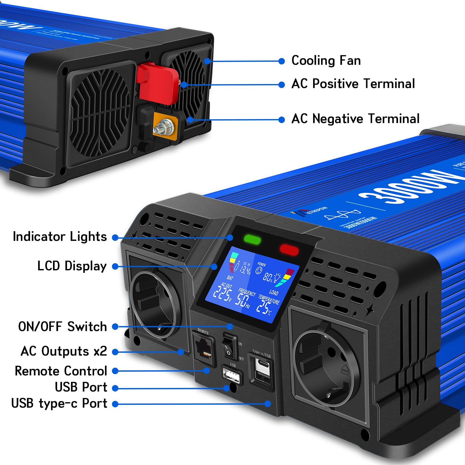 Convertisseur 3000W/6000W 12v 220v Pur Sinus Onduleur, 2 Prises UE, 2 Ports USB+Type-C, adapté aux appareils électroménagers, Camping,Camion