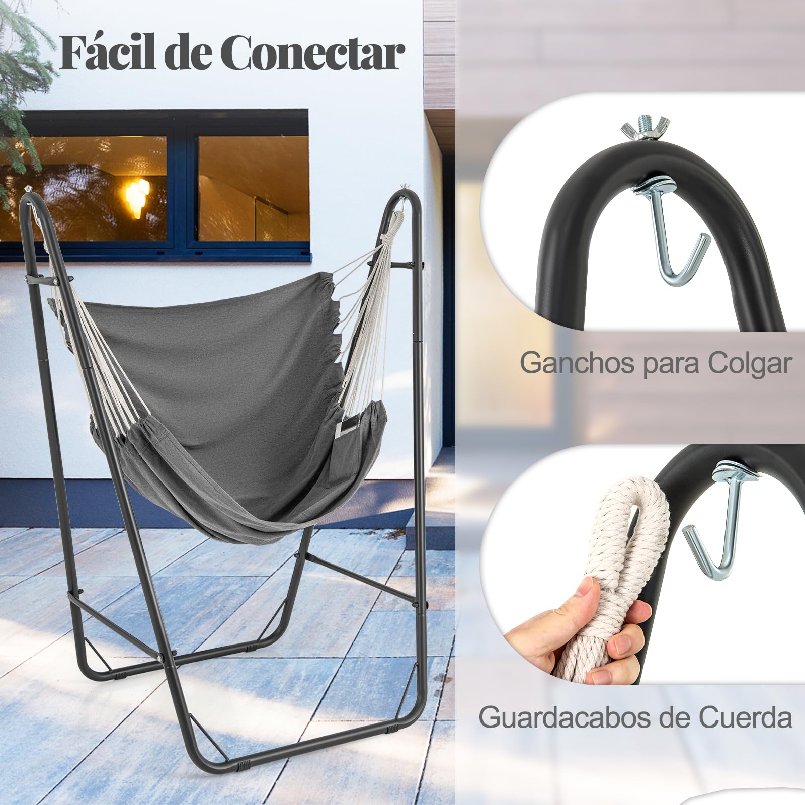 COSTWAY Silla Hamaca con Soporte, Silla Colgante con Estructura Metálica y Bolsillo de Almacenamiento Lateral, Carga de 120 kg, Hamaca Columpio Interior Exterior para Salón Dormitorio Patio