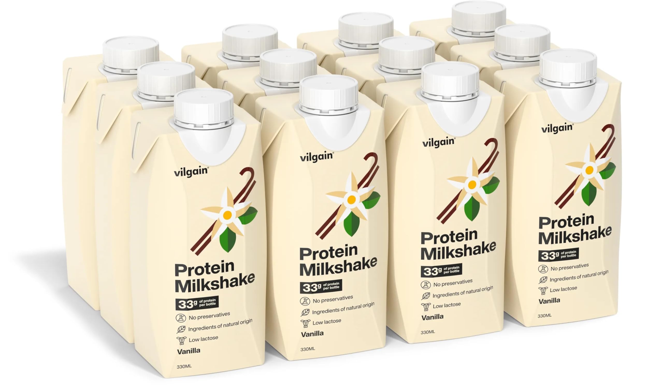 Vilgain Protein Milkshake (12x330 ml) Vanille – 33 g Eiweiß Pro Portion, Laktosearmer Fitness Drink Ohne Zuckerzusatz, Cremiger Ready-to-Drink Proteinshake Mit Bourbon Vanille & Stevia
