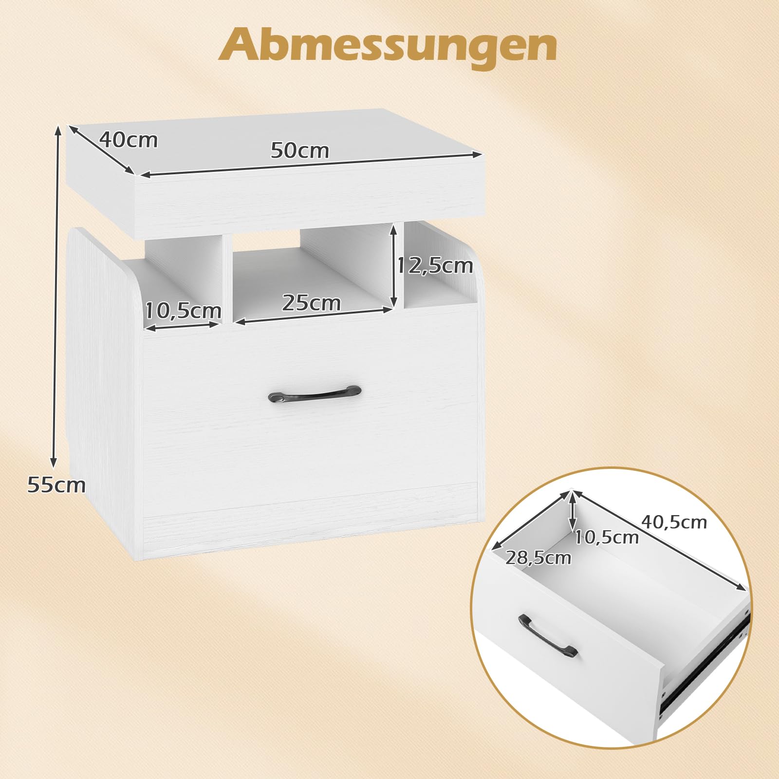 COSTWAY Stolik nocny z 2 gniazdka, 1 USB, 1 Type-C, szufladą i tajną przegródką, 50x40x55 cm biały