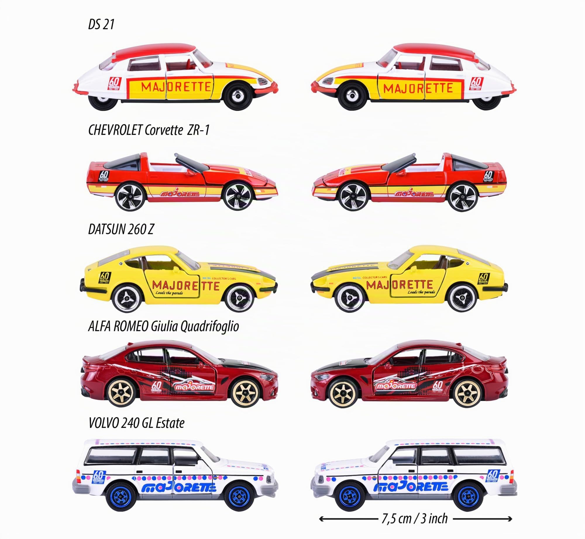 Majorette - Set regalo 60 anni (5 modelli di auto) - 5 auto giocattolo premium in metallo con 2 modelli esclusivi di auto, 7,5 cm, per bambini dai 3 anni in su