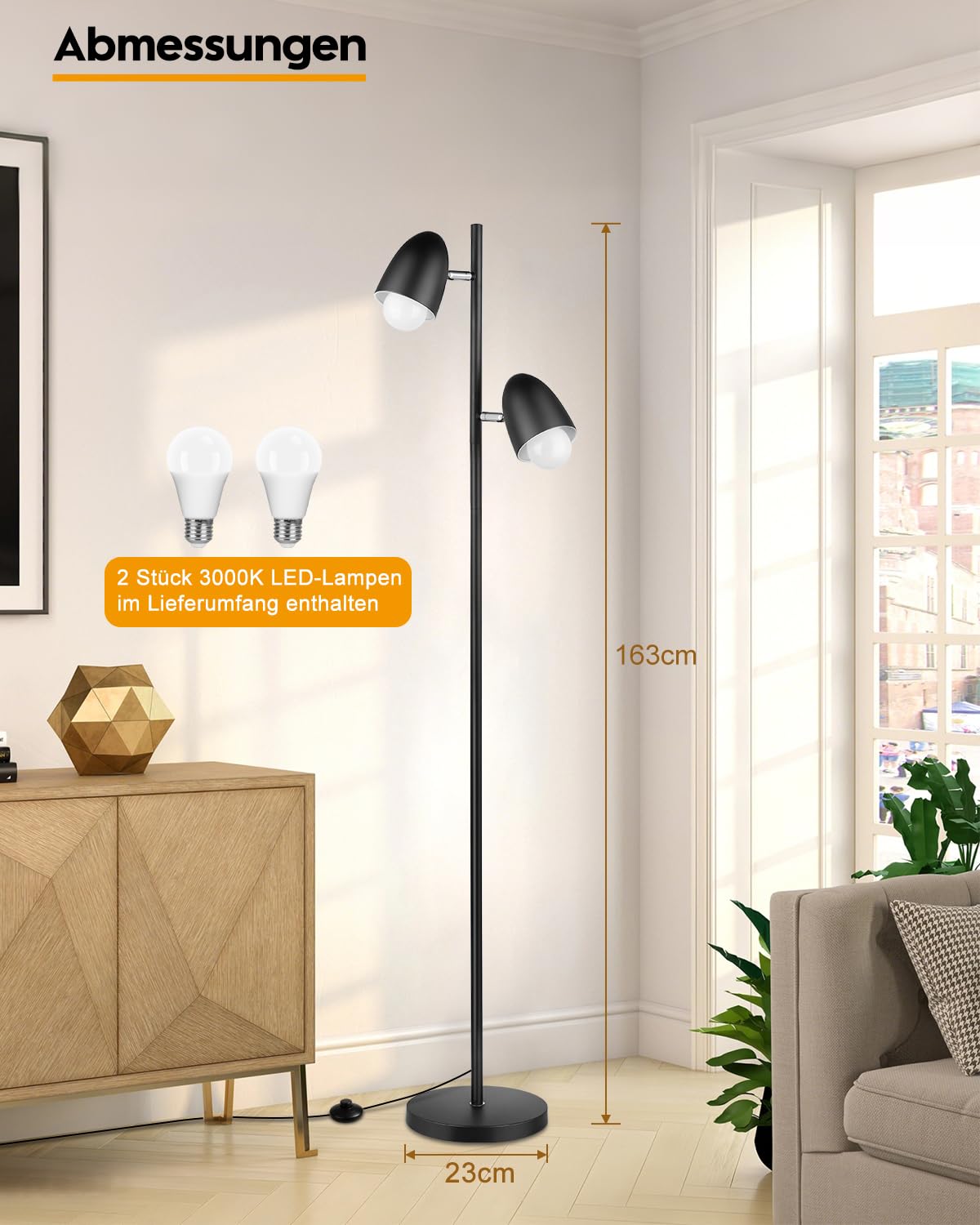 LED Stehleuchte mit 2 verstellbaren Köpfen, 170CM Wohnzimmer Stehlampe mit E27 Fassungen Max.60W, Industrial Leselampe (mit 2 Leuchtmittel) für Schlafzimmer Büro - Schwarz