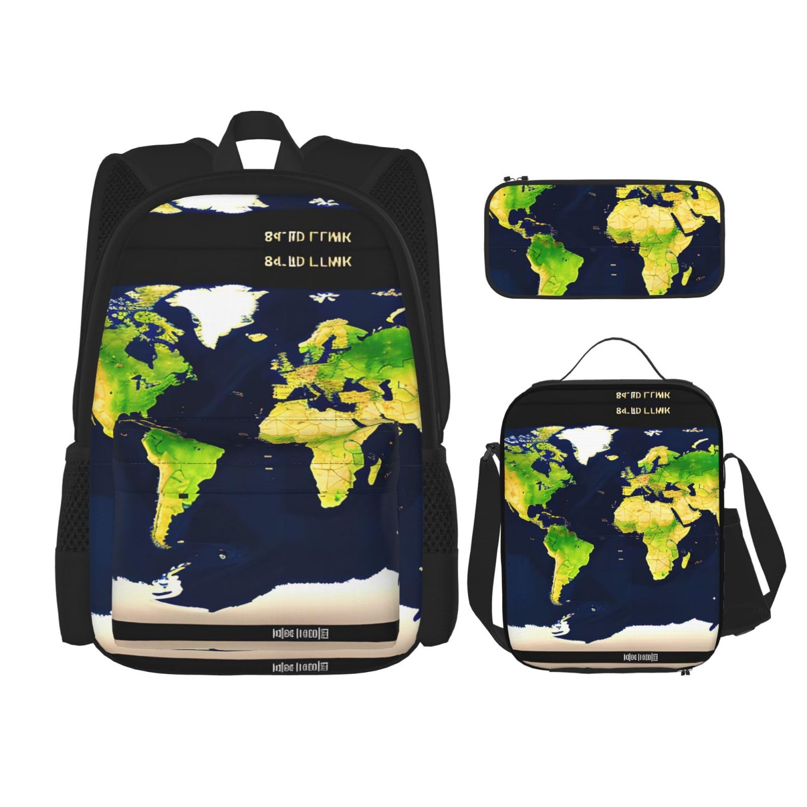 BrUgui3Pcs casual Backpack Sets,Large capacity travel bookbag with Pencil Case and Lunch Bag-World Map