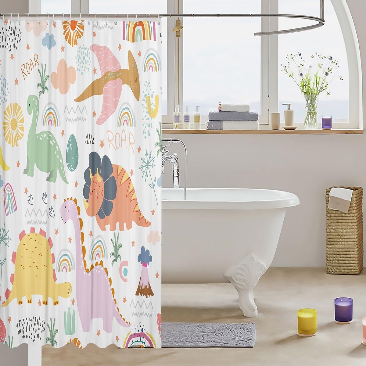 Feelyou Dinosaur Bathroom Shower Curtain Set Cute Rainbow Dino Bath Curtain for Kids Boys Girls Jungle Dino Shower Curtain Cartoon Rainbow Wildlife Kids Bathroom Accessories 72"x78"