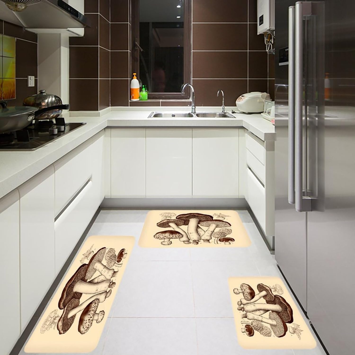 Vintage Mushrooms Drawing2 Kitchen Mats for Floor 3PCS Waterproof Low-Profile Kitchen Rugs Floor Mat Non Slip Anti Fatigue Mats Comfort Standing Mat Runner Rug Area Rug 6"x24"+20"x31"+17"x47"