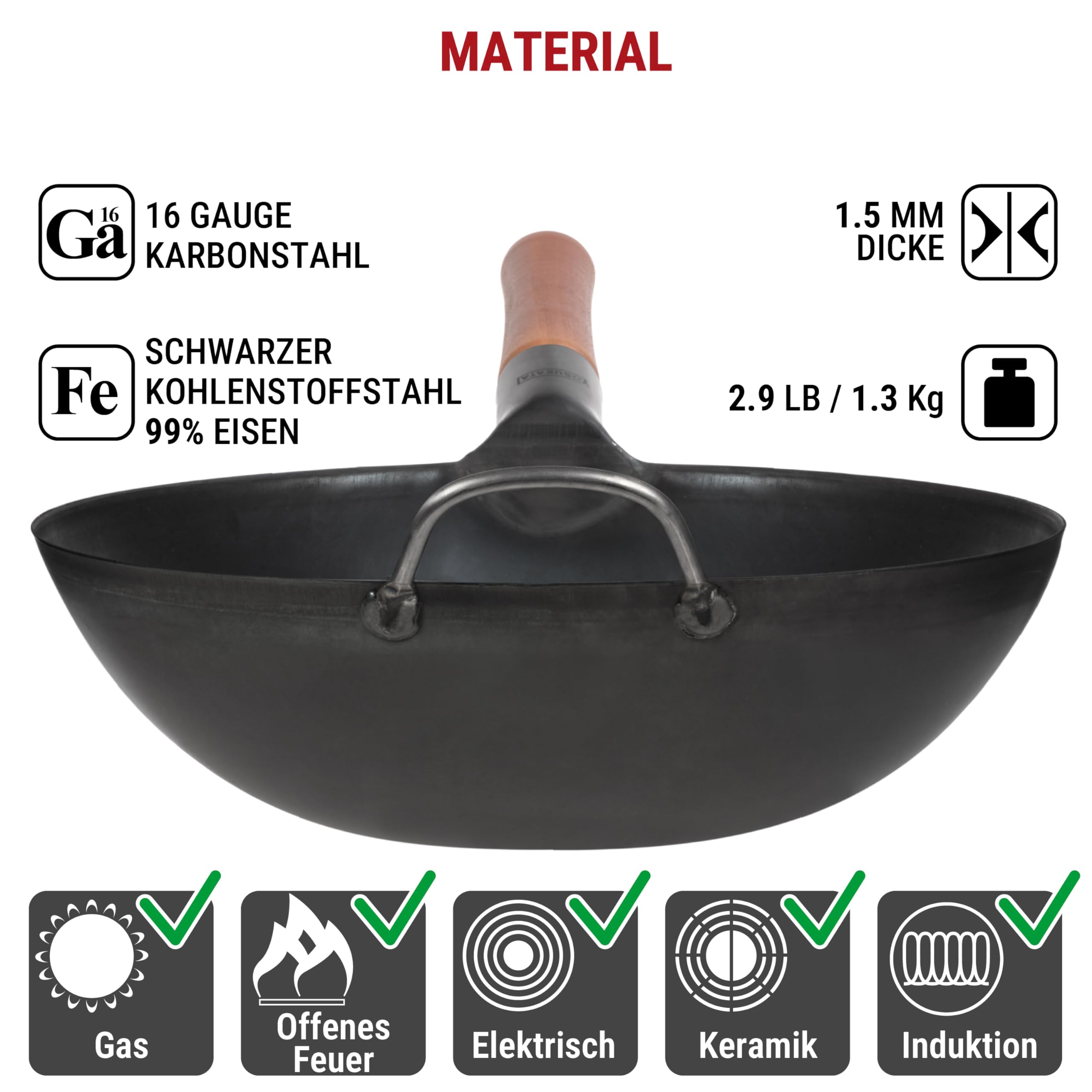 YOSUKATA Flacher Boden Karbonstahl Woks & Wokpfannen 30 cm | Voreingebrannter Wokpfanne - Traditionell Wok für induktionsherd - Kompatibel mit Gas- Elektroherden Grill Induktion Feuer