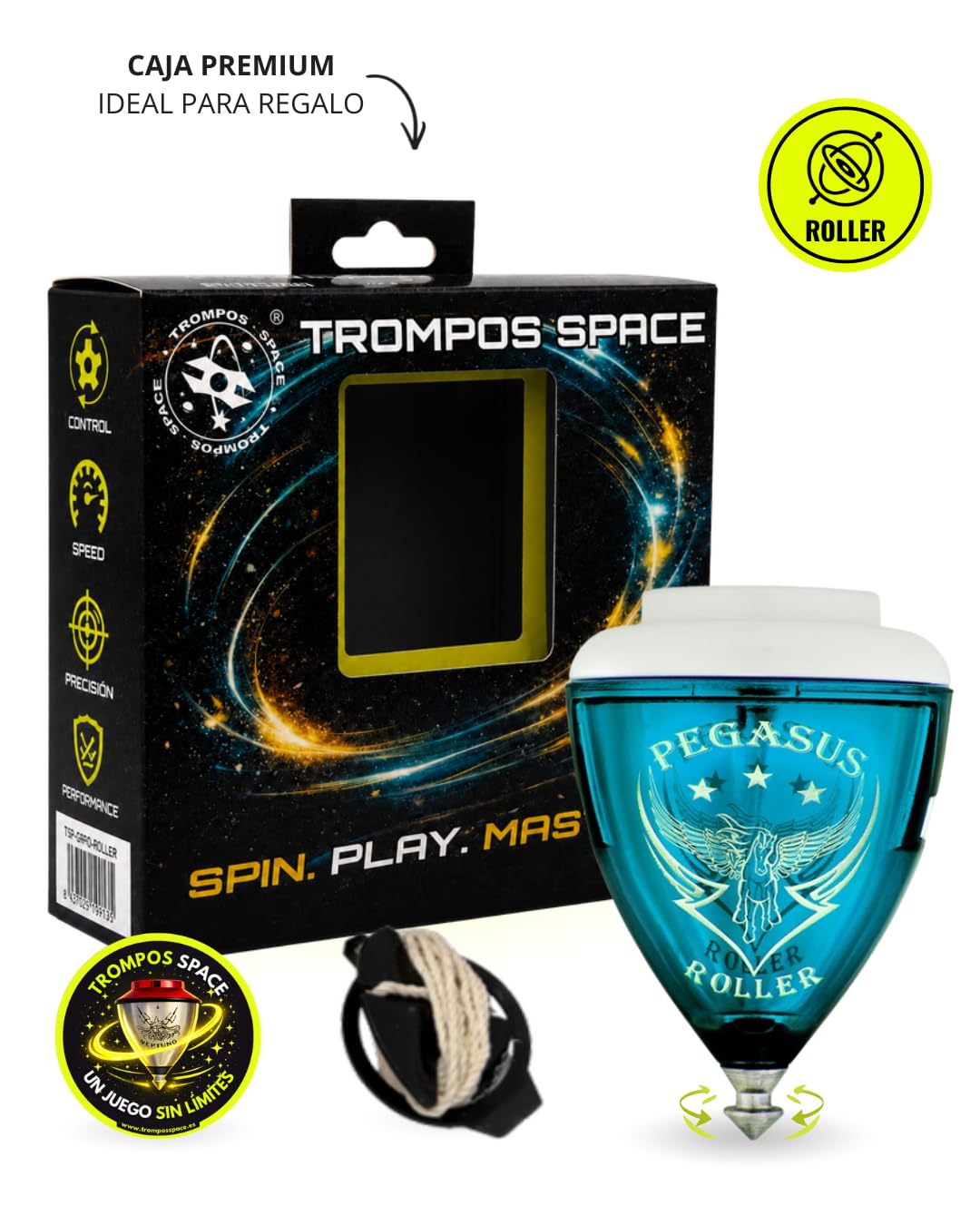 Trompo Space Pegasus Roller – Peonza Con Punta De Metal Y Rodamiento, Efecto Metalizado 3D, Incluye Cuerda Y Lanzador