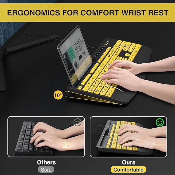 SABLUTE Large Print Computer Keyboard, Wired with Wrist Rest(Yellow+Black) | USB High Contrast Phone Holder Oversized Print Letters Easy to Read for Visually Impaired Vision Individuals