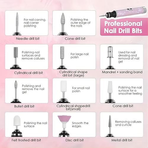 Miniatura 6 de Taladro de uñas eléctrico portátil, kit de lima de uñas profesional compacto eléctrico para acrílico, uñas de gel, uso doméstico y salón de belleza,