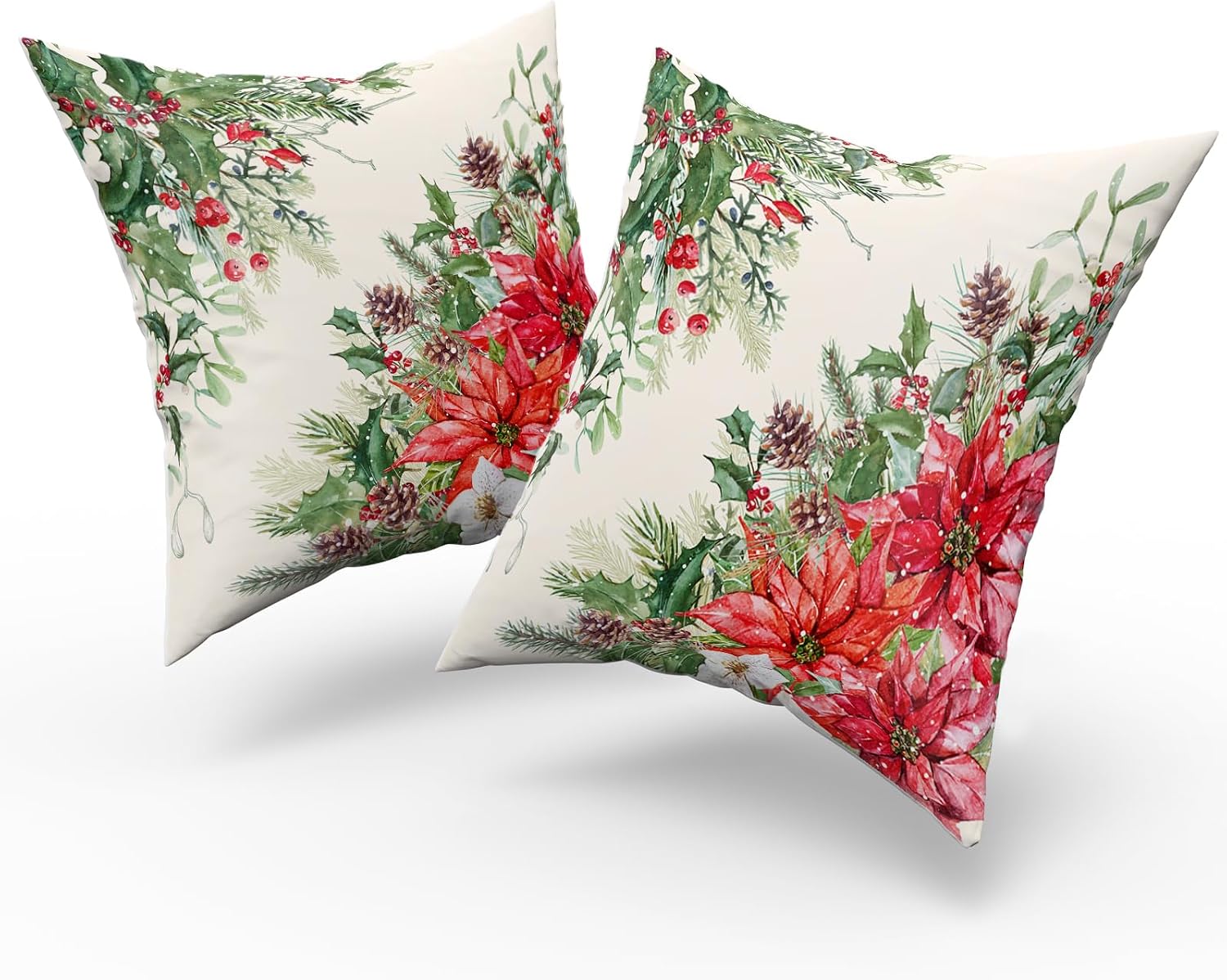 Giwawa Poinsettia Throw Pillow Covers Set of 2, 16"x16" Christmas Holly Berries Pine Cones Winter Red Floral Decorative Square Pillow Cases, Soft Cotton Cushion Covers for Sofa Porch Bedding Decor image 2