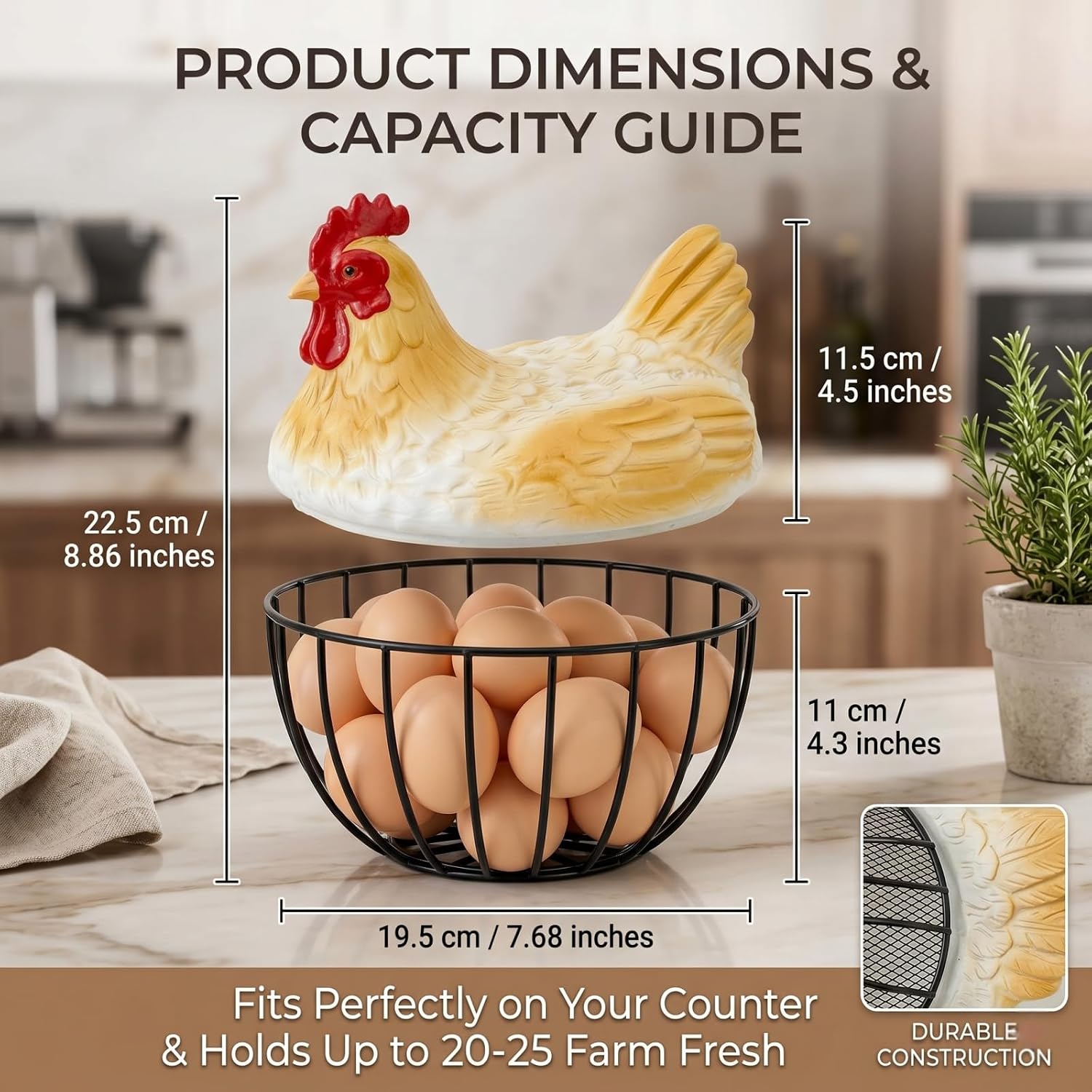 8.9 Inch Egg Basket - Chicken Egg Holder Countertop, Farmhouse Decor Rooster Wire Basket for Gathering Fresh Eggs, 20-25 Eggs Capacity