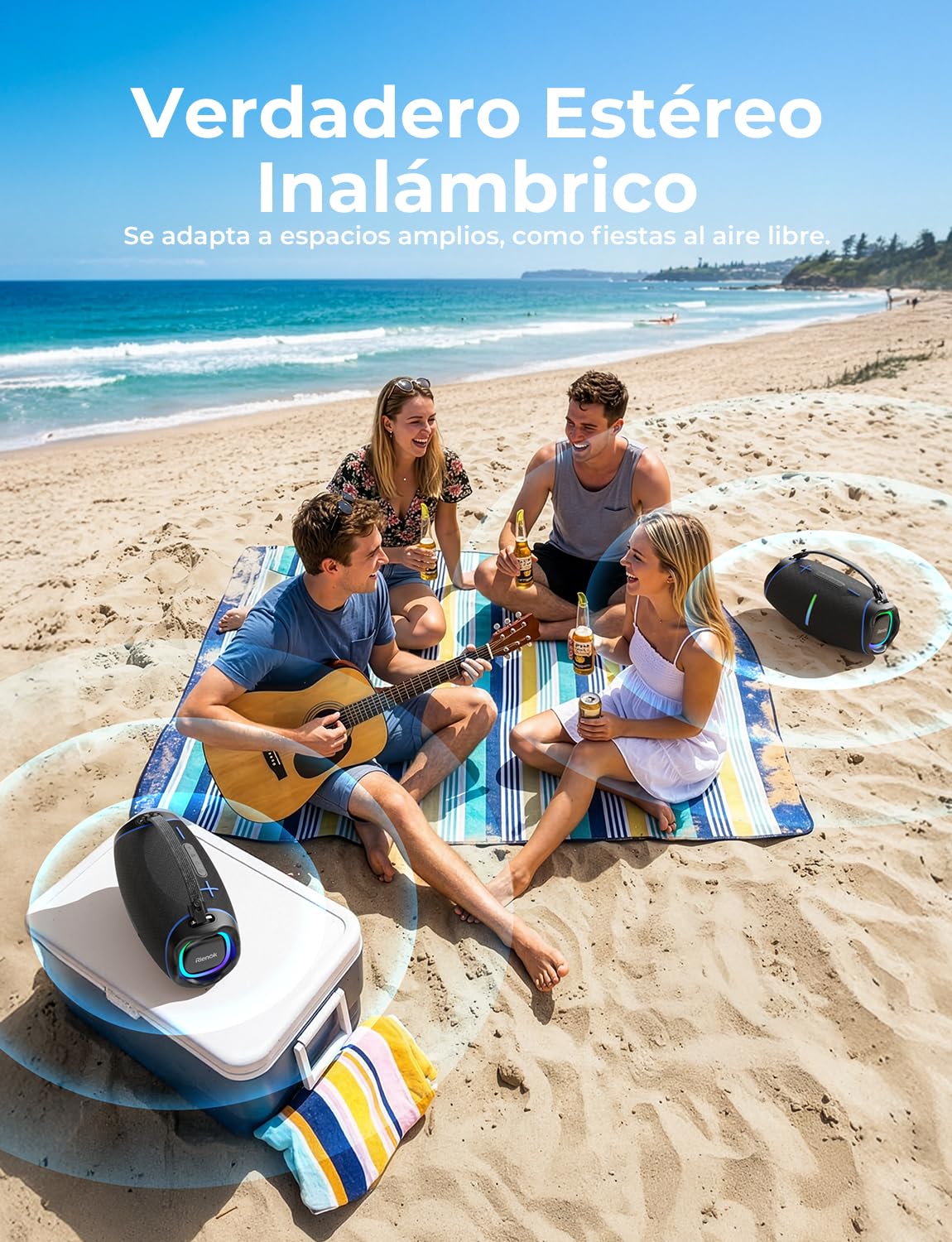 RIENOK Altavoz Bluetooth Potente 100W Portátil 30H con 2 Tweeters 2 Woofers | Impermeable IPX6 Luces RGB Bluetooth 5.3 Inalámbrica Emparejamiento Estéreo Apoya 128G Tarjeta TF, AUX, Memoria USB