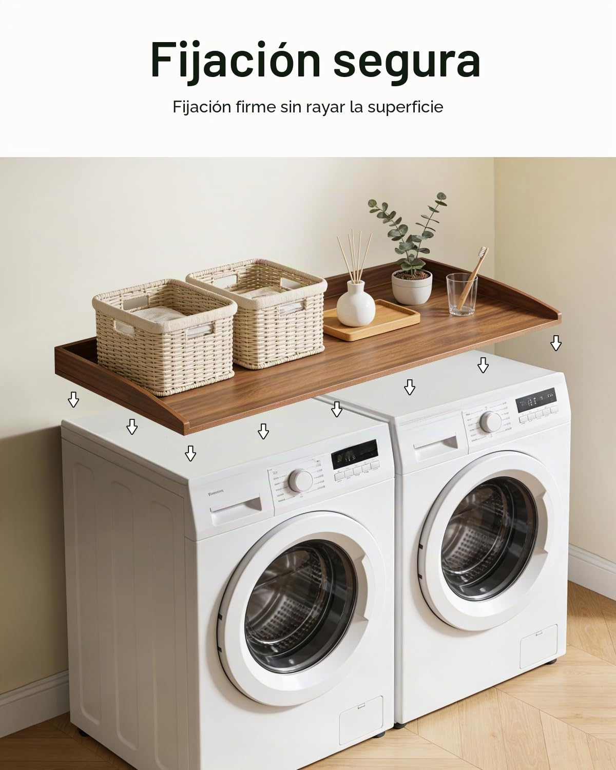 Mueble para lavadora y secadora, soporte de madera para lavadora, estante para lavadora con barra de seguridad, cubierta de madera para lavadora, organización de cubierta para lavadora