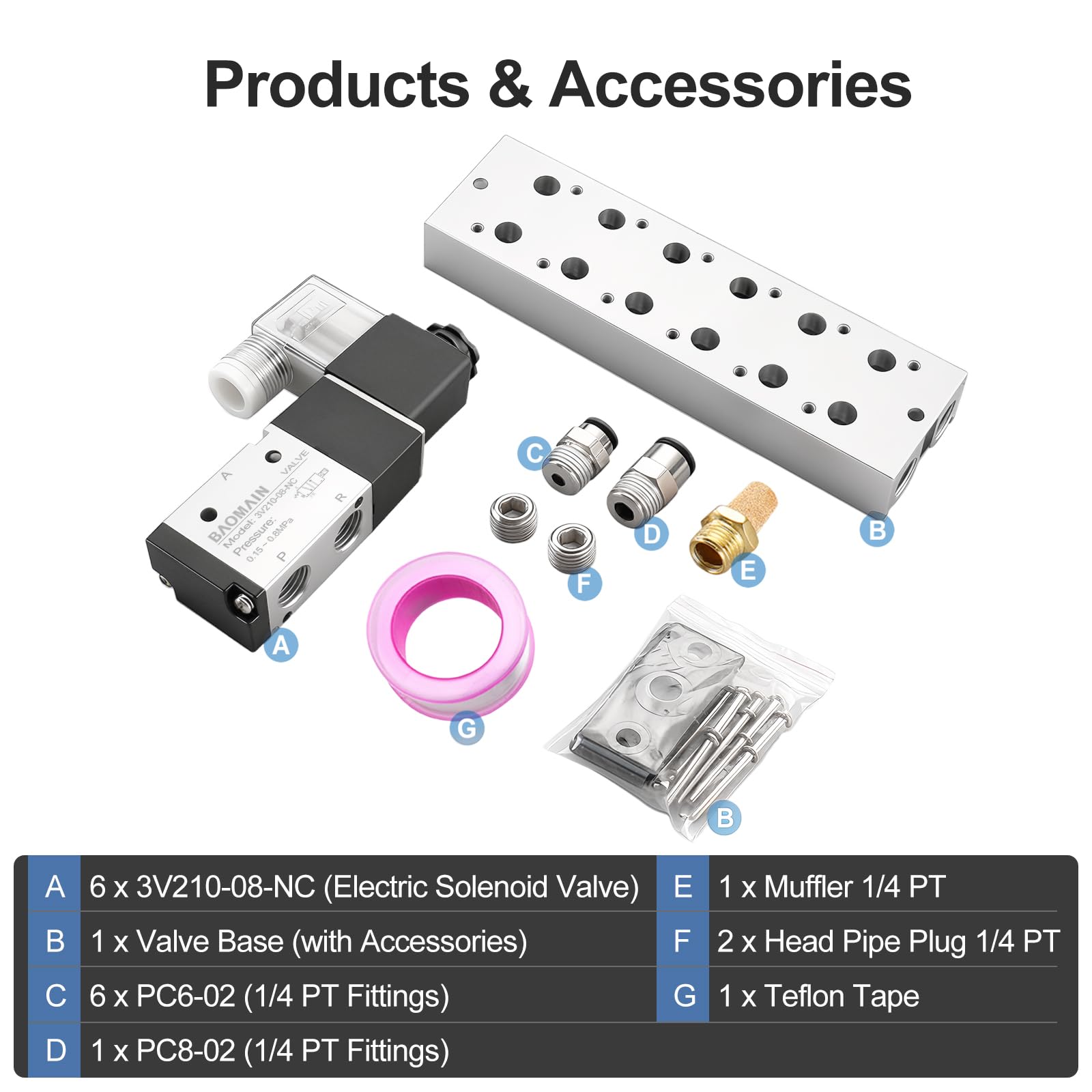 Baomain Válvula solenoide neumática de 6 espacios 3V210-08 24VDC PT1/4 2 posiciones 3 vías con silenciador base juego de accesorios rápidos