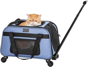 Petsfit Pet Carrier with Wheels, Rolling Dog Carrier for Small Dogs or 2 Small Cats, Airline Approved Dog Carrier with Telescopic Handle Perfect for Travelling Under 15lb,Blue