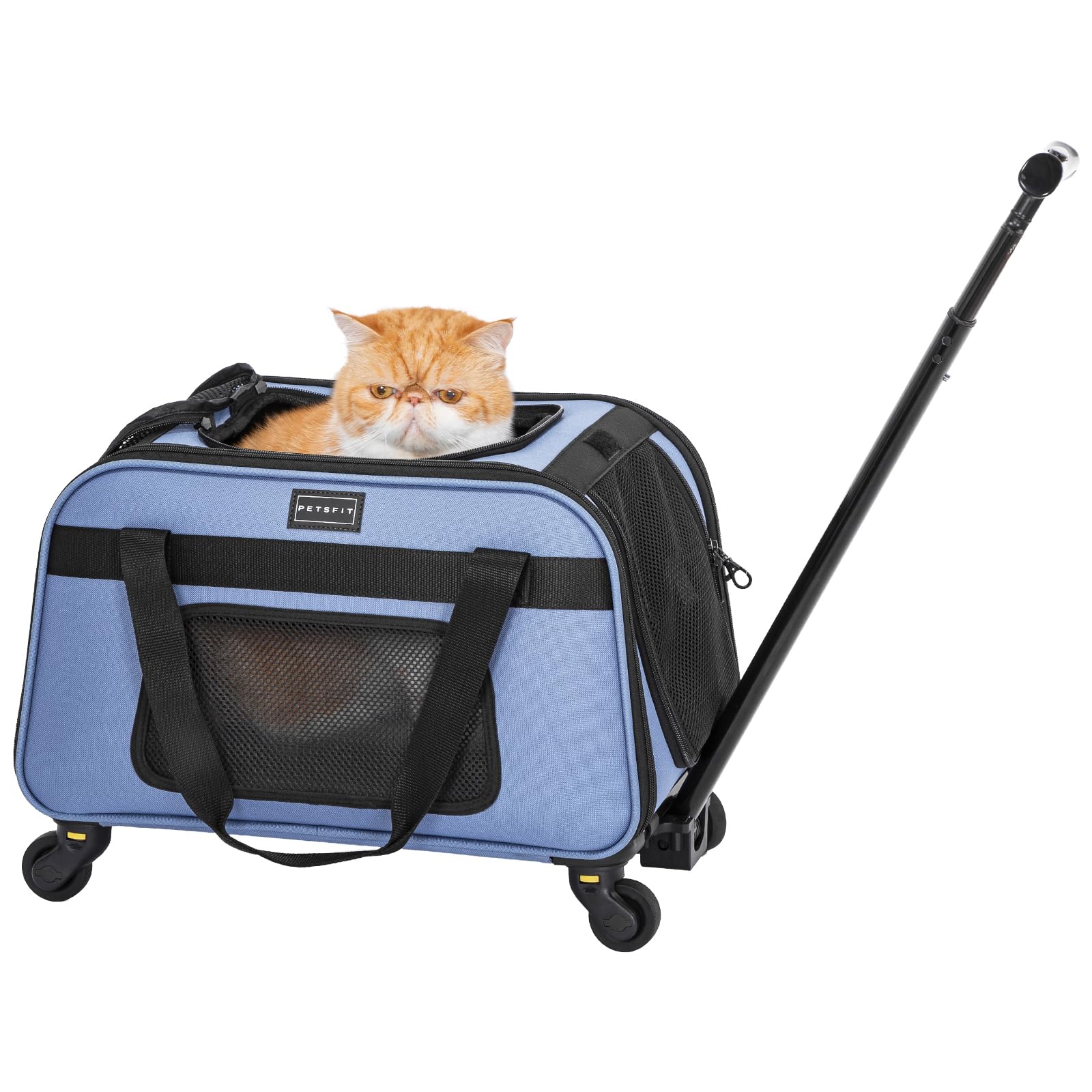 Petsfit Pet Carrier with Wheels, Rolling Cat Carrier for Small Cats, Airline Approved Pet Carrier with Telescopic Handle Perfect for Travelling Under 13lb,Blue