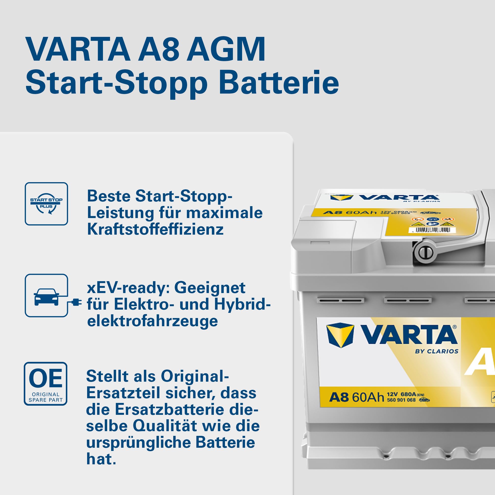 VARTA Automotive DYNAMIC AGM (A8) 12V 60Ah 680A - Nassbatterie für Start-Stopp Systeme und xEV - Starterbatterie für Autos mit höherem Energiebedarf - Wartungsfreie Bleisäurebatterie